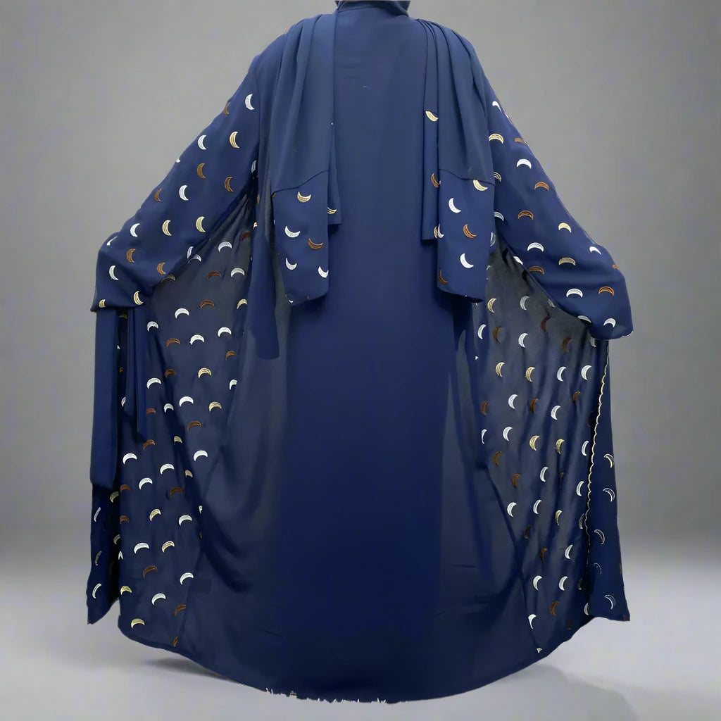 Elegant Muslim Women's Moon Embroidery Open Abaya Dress with Pockets - Modest Islamic Prayer Dress for Mosque, Eid & Special Occasions