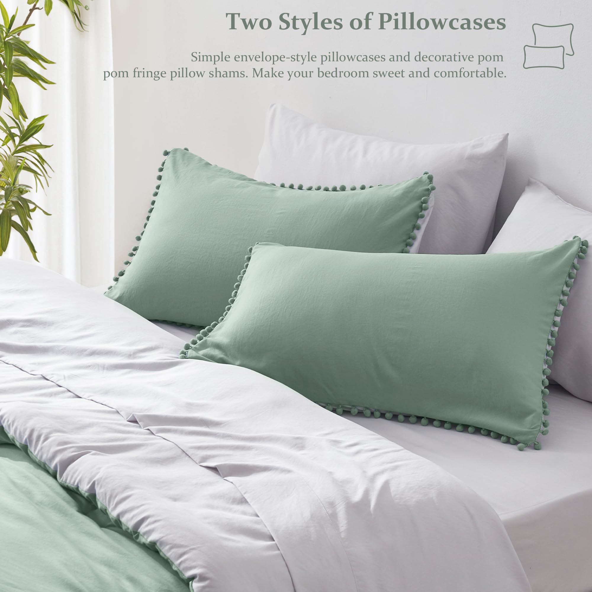 GRT 7-Piece Reversible Queen Size Bed in a Bag Comforter Set with Pom Pom Fringe - Green Bedding Set Includes Comforter, Pillow Shams, Flat Sheet, Fitted Sheet & Pillowcases - Perfect for Master Bedrooms, Guest Rooms & Cozy Home Decor