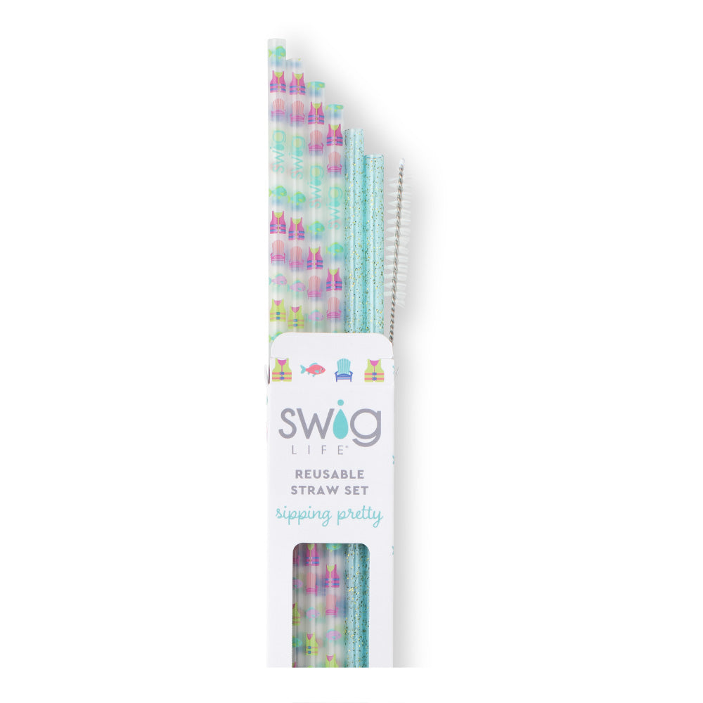 Lake Girl + Aqua Glitter Reusable Straw Set - 12 Pack Eco-Friendly Stainless Steel Drinking Straws with Cleaning Brush for Smoothies, Cocktails & Iced Coffee | Perfect for Pool Parties, Beach Trips & Home Use