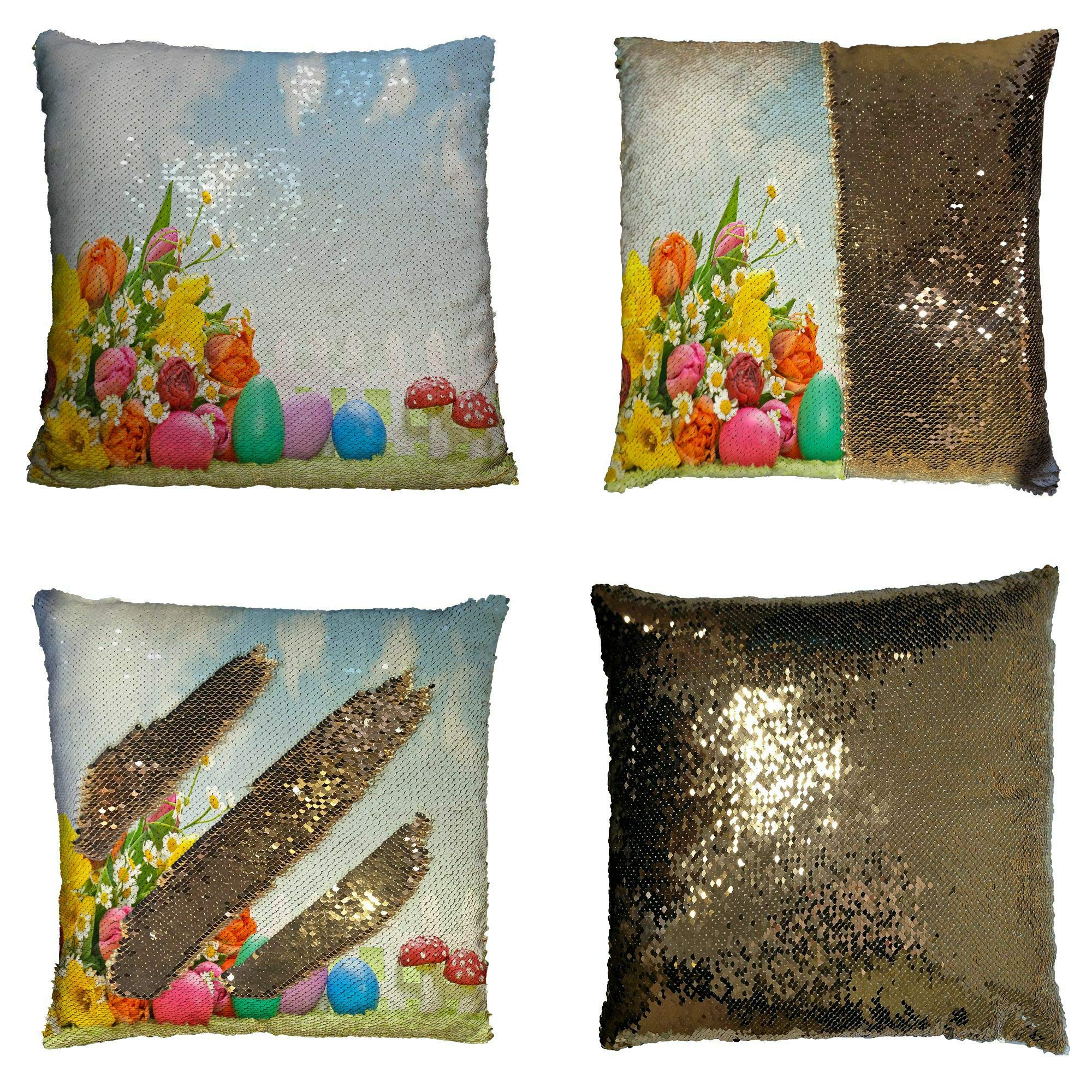 ABPHQTO Reversible Mermaid Sequin Pillow Cover 16x16 Inch - Spring Flowers Easter Decor, Artificial Landscape Home Cushion Case | Perfect for Living Room Sofa, Bedroom Decor & Seasonal Holiday Gift