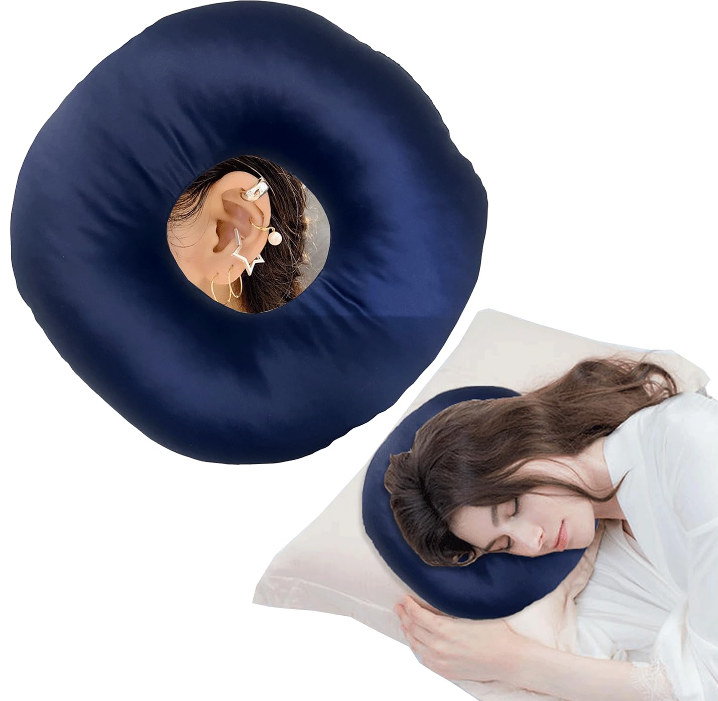 **Ear Piercing Pillow for Side Sleepers - Donut Pillow with Ear Hole & Arm Hole, Soft Silky Satin Cover for Ear Pain & Pressure Relief (Blue) - Perfect for Post-Ear Surgery, Piercing Healing & Comfortable Sleep**