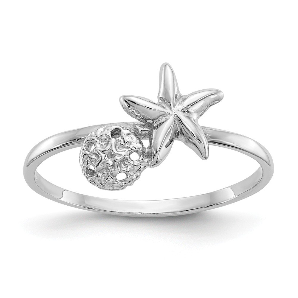 14k White Gold Starfish and Sand Dollar Ring Band - Elegant Beach Jewelry for Women, Perfect for Vacation, Wedding, or Everyday Wear