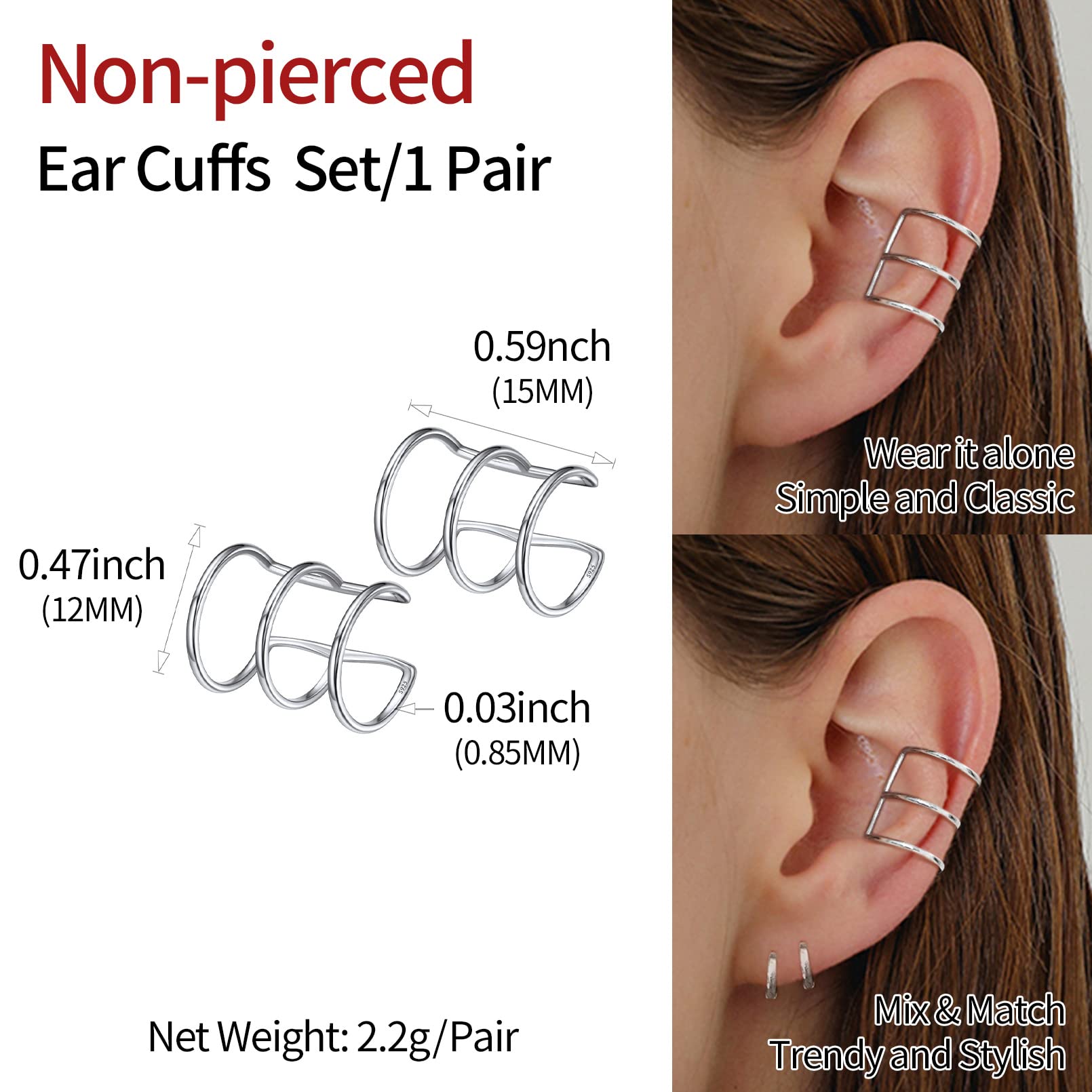 ChicSilver 925 Sterling Silver Non-Piercing Clip-On Cartilage Ear Cuff Earrings for Women - Hypoallergenic Fashion Jewelry Gift (with Gift Box) | Perfect for Parties, Weddings & Everyday Wear