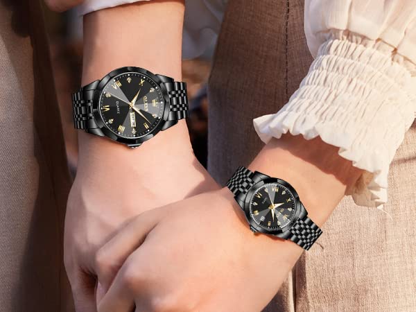 OLEVS His and Her Couple Watches Set - Analog Quartz Business Watches for Men and Women - Stainless Steel Waterproof Luminous Date Wristwatch - Perfect for Anniversaries, Weddings & Romantic Gifts