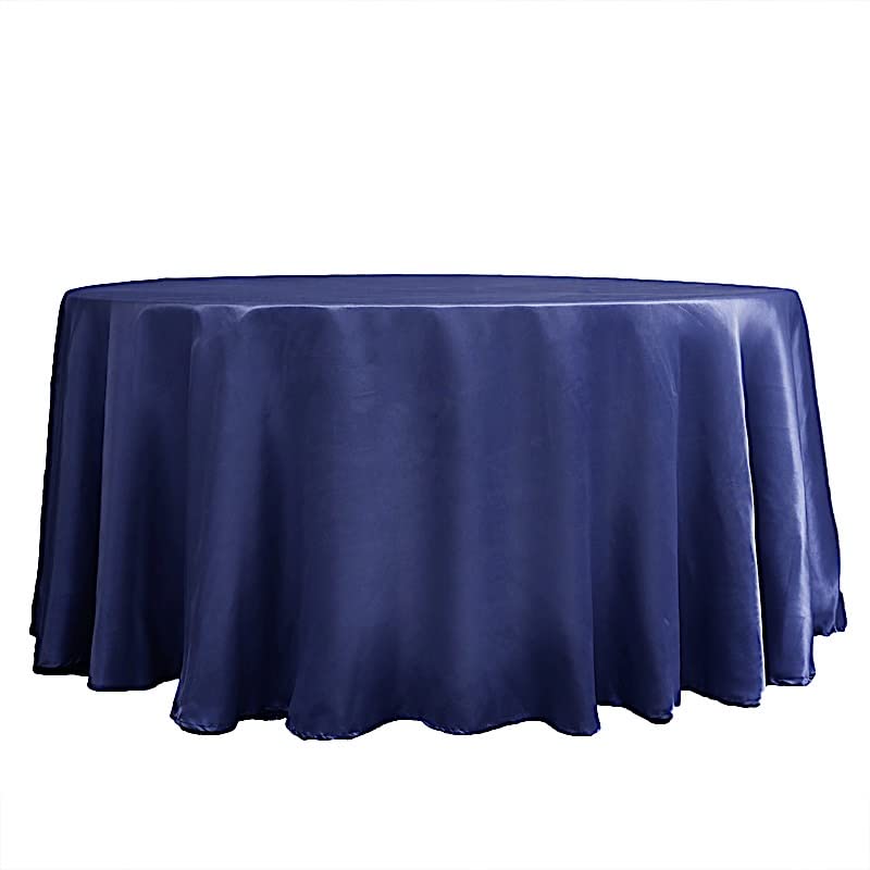 120 Inch Navy Blue Satin Round Tablecloth - Elegant Wedding Reception Table Cover, Party Dining Linens for Kitchen, Banquet & Special Events