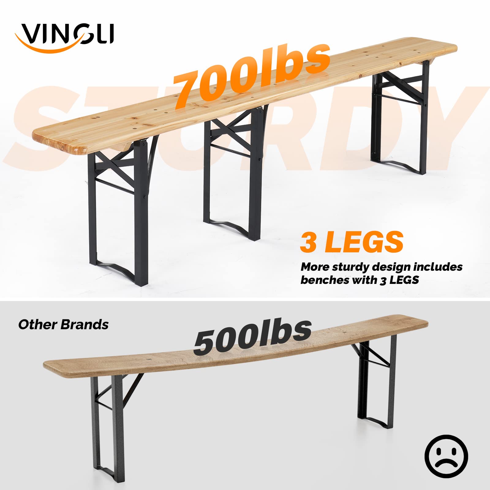 VINGLI 70 Inch Folding Picnic Table with Benches Set - Weather-Resistant Wooden Outdoor Dining Table, 3-Piece Portable Camping BBQ Table with Carry Handles - Perfect for Backyard, Garden, Patio, and Outdoor Gatherings