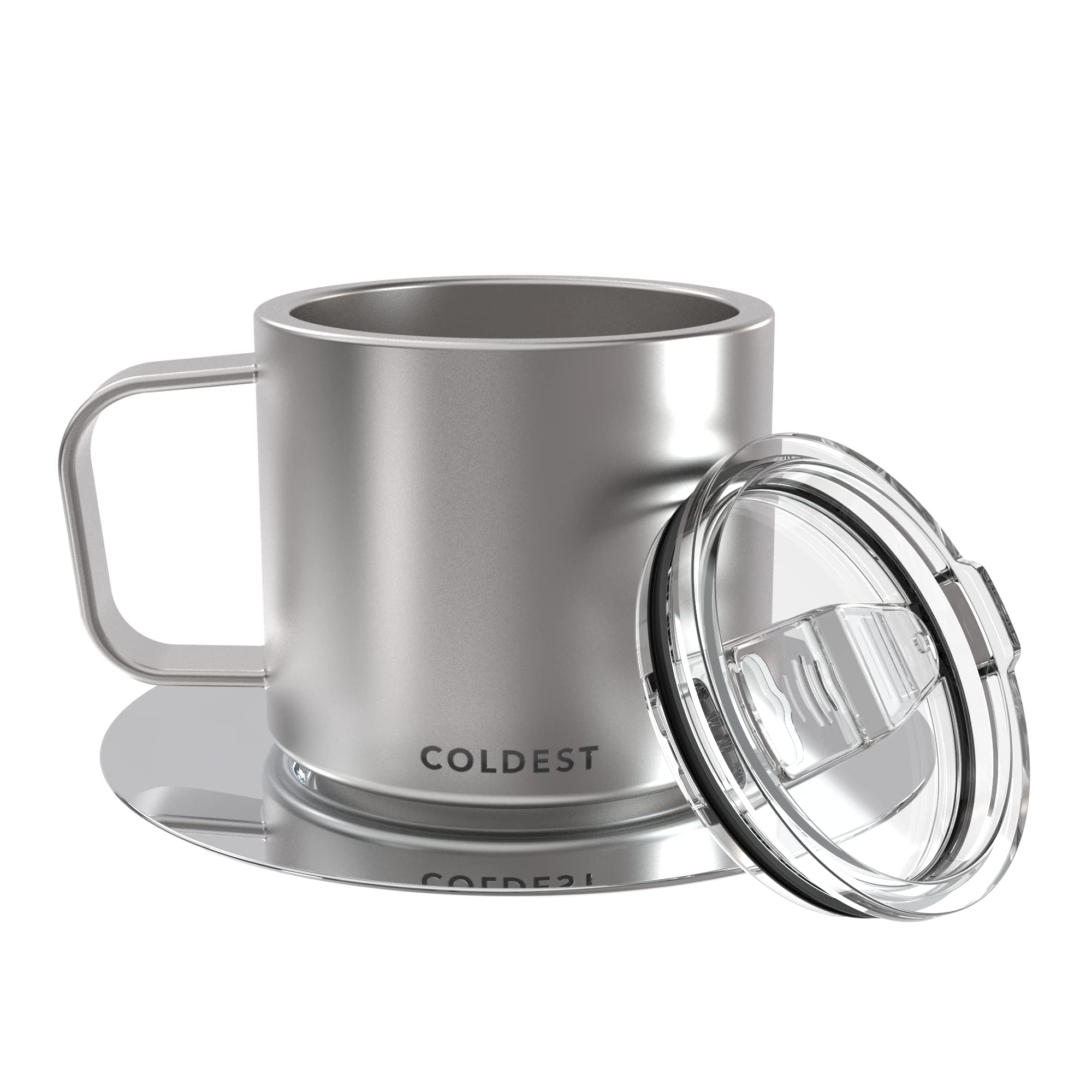 Coldest Stackable Insulated Stainless Steel Espresso Cup with Saucer & Sliding Lid - Triple Wall Vacuum Insulation for Hot/Cold Drinks - 4oz Travel Coffee Mug for Home, Office & Camping (Polished Steel)