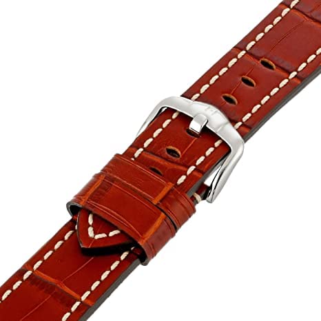 Hirsch Knight Genuine Calfskin Watch Strap - Alligator Embossed Leather with Contrast Stitching - Brown, Golden Brown, Black, Grey - Perfect for Dress Watches & Formal Occasions