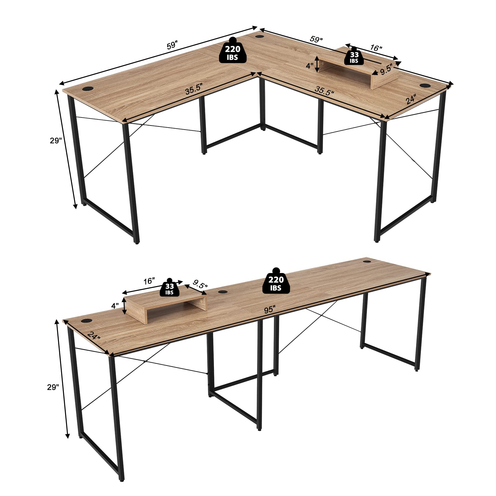Tangkula 95 Inch L-Shaped Reversible Corner Computer Desk with Monitor Stand & Cable Management - Spacious 2-Person Home Office Desk for Gaming, Study & Work - Natural Wood Finish (Perfect for Small Spaces & Shared Workstations)