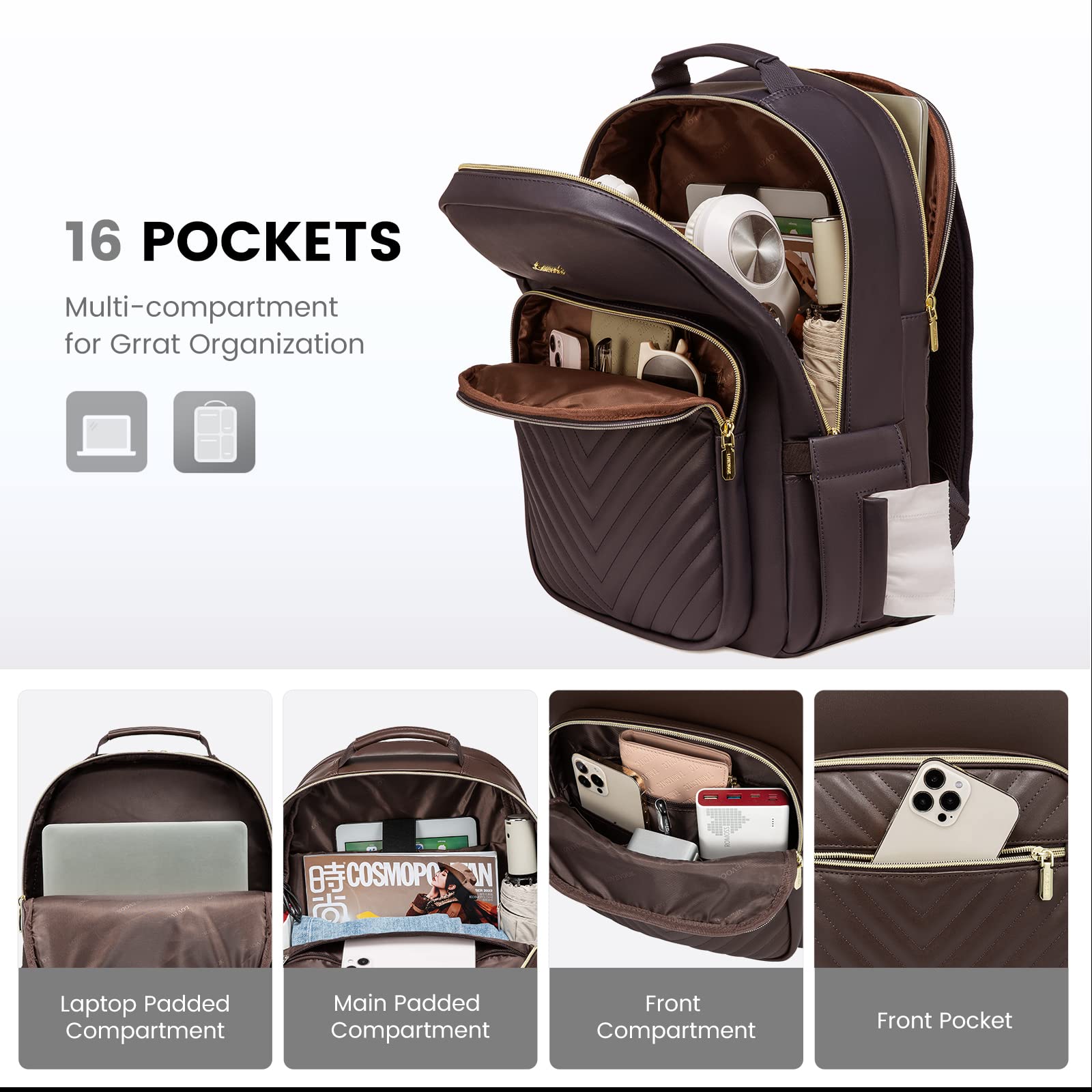LOVEVOOK Women's Leather Laptop Backpack - Stylish Large Capacity Travel Bag, Waterproof Work Backpack with USB Port, Fits 15.6 Inch Laptop - Perfect for Office, College, Commuting & Weekend Getaways (Coffee)