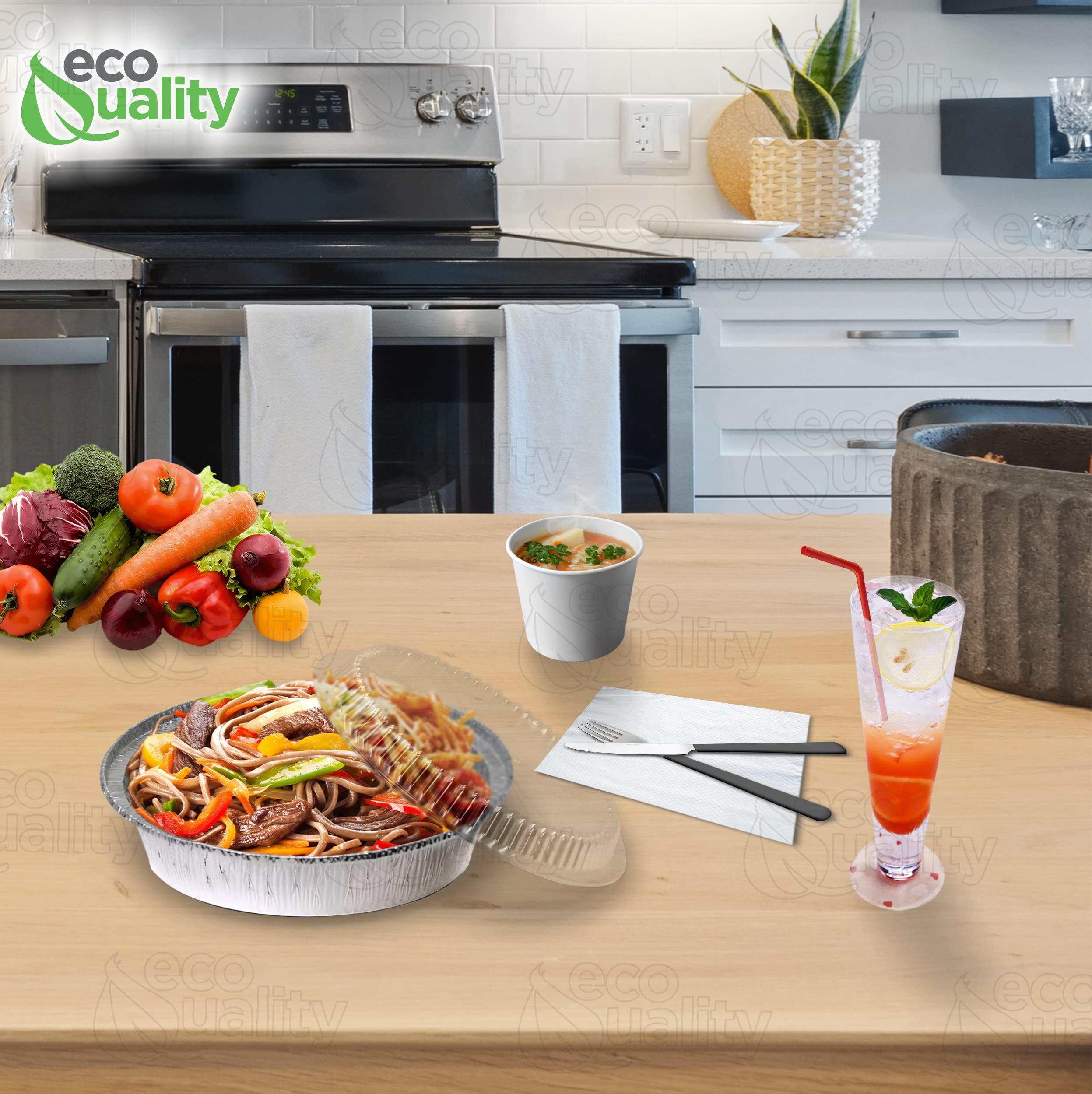 EcoQuality 7 Inch Disposable Aluminum Foil Pans with Plastic Lids - 150 Pack Round Baking Containers for Cooking, Catering, Parties & Restaurants | Perfect for Meal Prep, Takeout & Food Storage