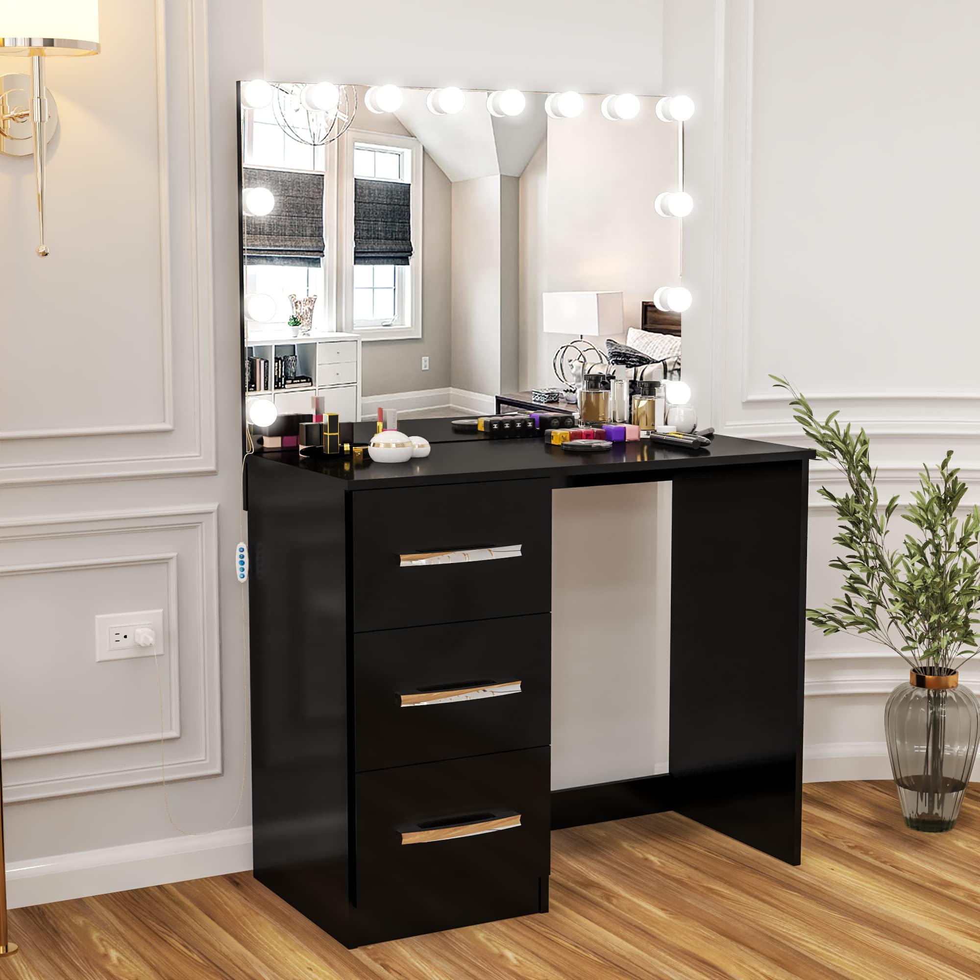 Boahaus Iris PRO Modern Makeup Vanity Desk with LED Light Bulbs - 3 Drawers, Wide Mirror, White - Perfect for Bedroom, Dressing Room & Beauty Salon - Elegant Vanity Table for Makeup Application & Skincare Routine