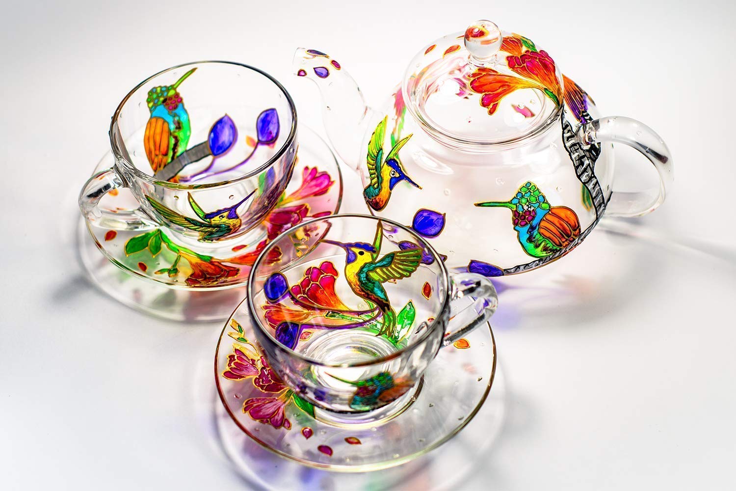 Hand-Painted Hummingbird & Floral Teapot Set with 2 Cups & Saucers - Elegant Wedding Gift for Mom, Mother's Day Present - Luxury Tea Party Accessories for Bridal Showers, Afternoon Tea & Special Occasions
