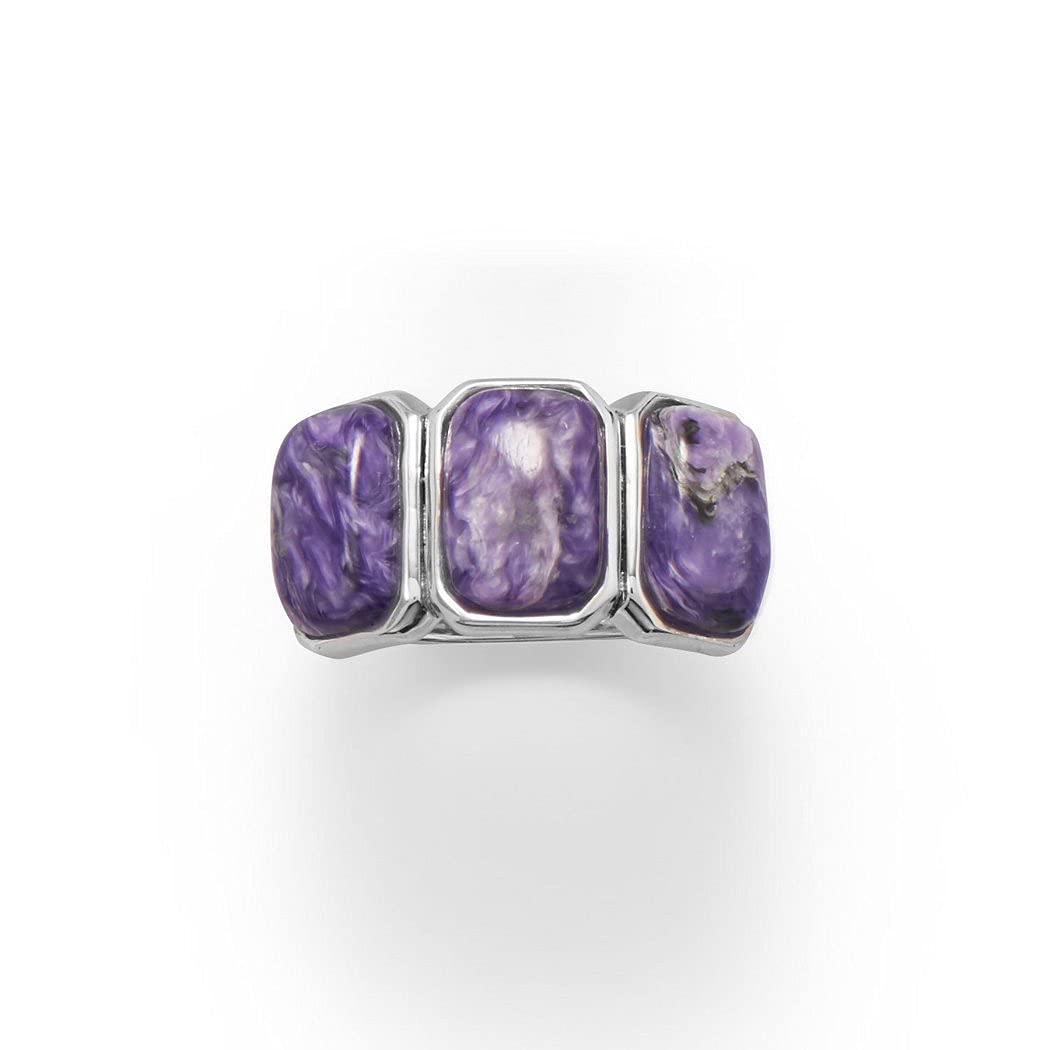 925 Sterling Silver Charoite Ring for Women - 3 Rectangle Stones (10mm x 7mm) with Graduated Band (7mm to 3mm) | Size 6,7,8,9 | Elegant Jewelry Gift for Birthday, Anniversary & Special Occasions