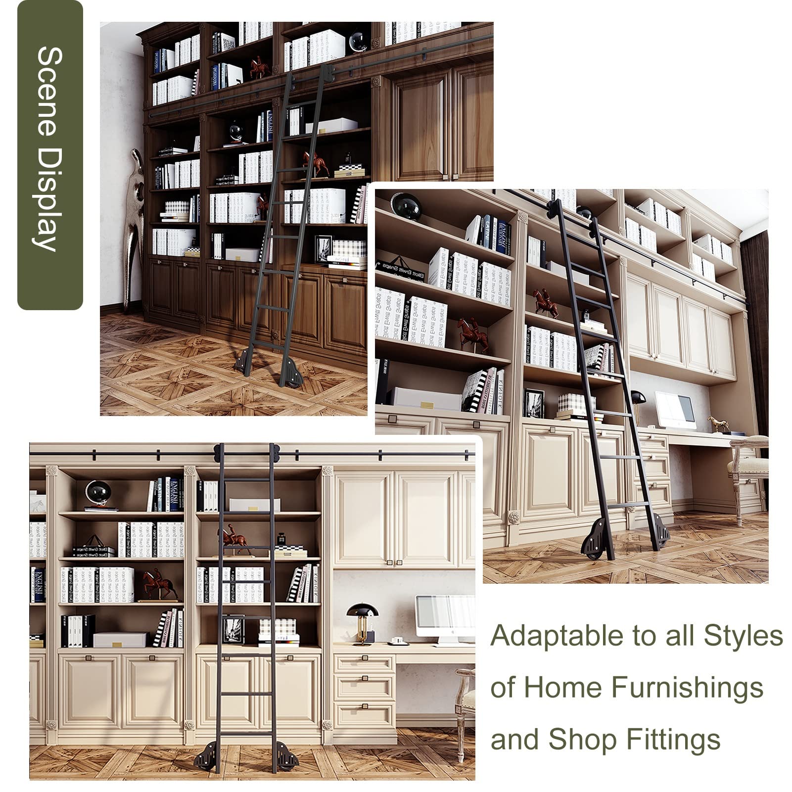 Black Steel Rolling Library Ladder Hardware Kit for Sliding Barn Doors - Includes Floor Roller, Round Tube Rail (No Ladder) - Perfect for Home Libraries, Loft Spaces & Sliding Door Installations