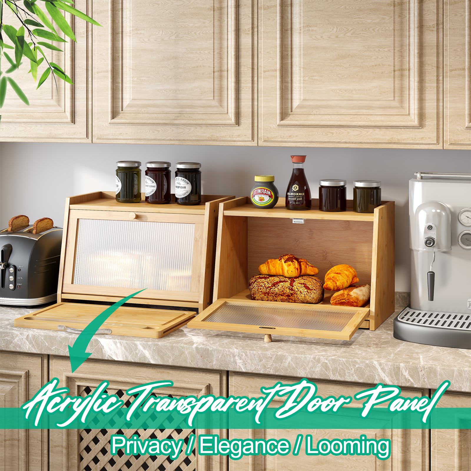 Bamboo Bread Box with Cutting Board & Wavy Acrylic Transparent Door - Natural Wood Bread Storage Container for Kitchen Counter | Perfect for Storing Bread, Pastries & Baked Goods to Keep Fresh Longer