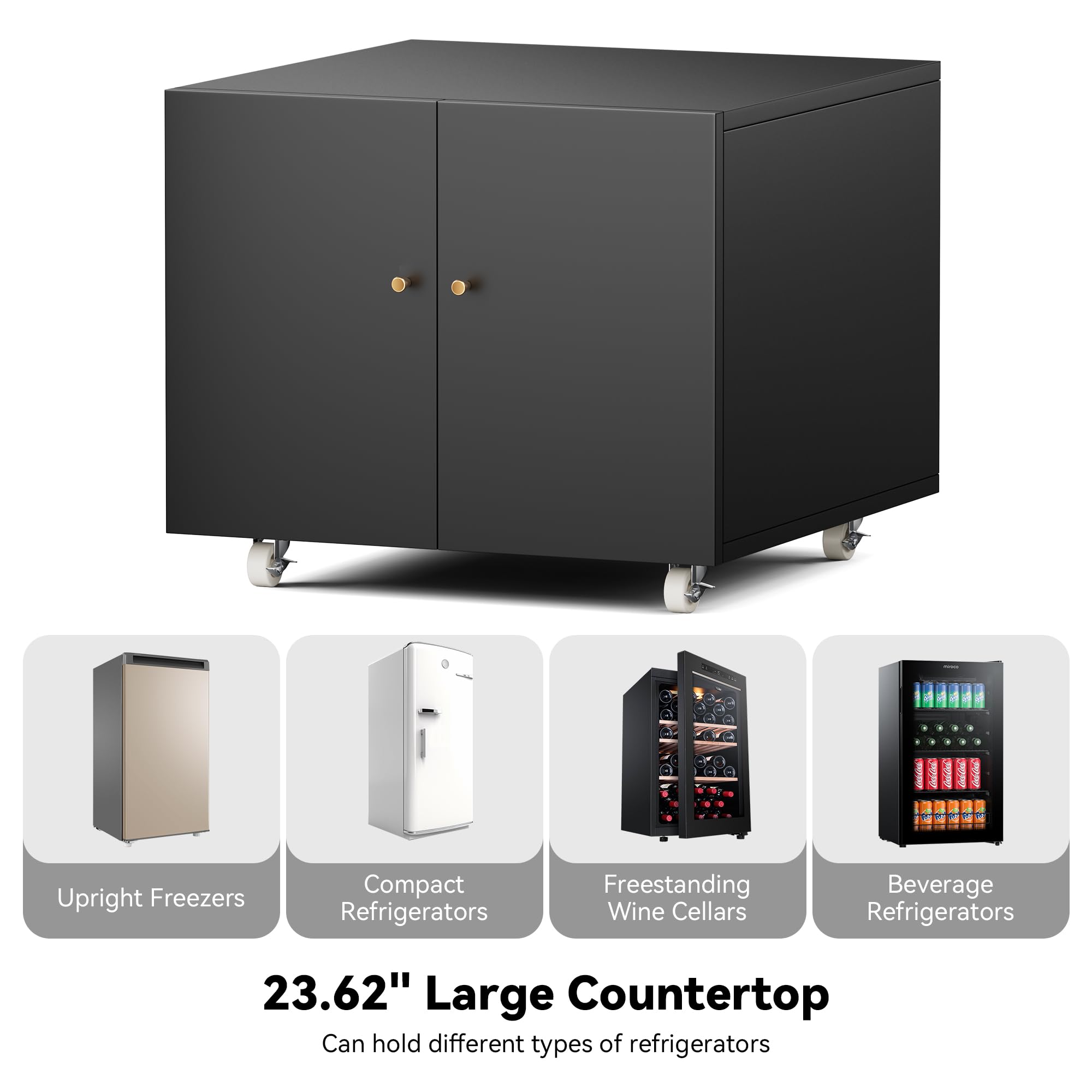 INMOZATA Large Fridge Stand with Storage & Adjustable Shelves - Metal Printer Table with Wheels for Small Spaces, Home Office (Black, 17.72