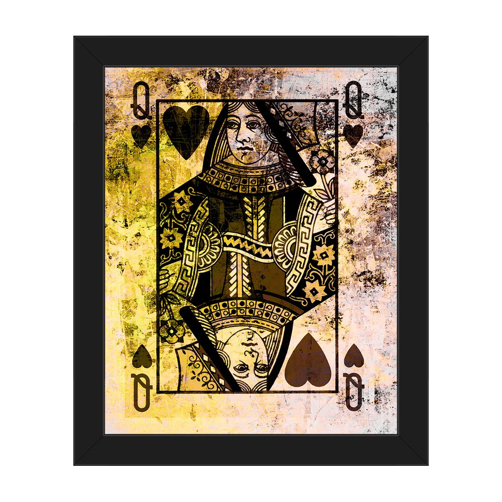 Distressed Modern Abstract Queen of Hearts Playing Card Wall Art Print on Canvas with Black Frame - Yellow & Black Contemporary Decor for Game Rooms & Living Spaces