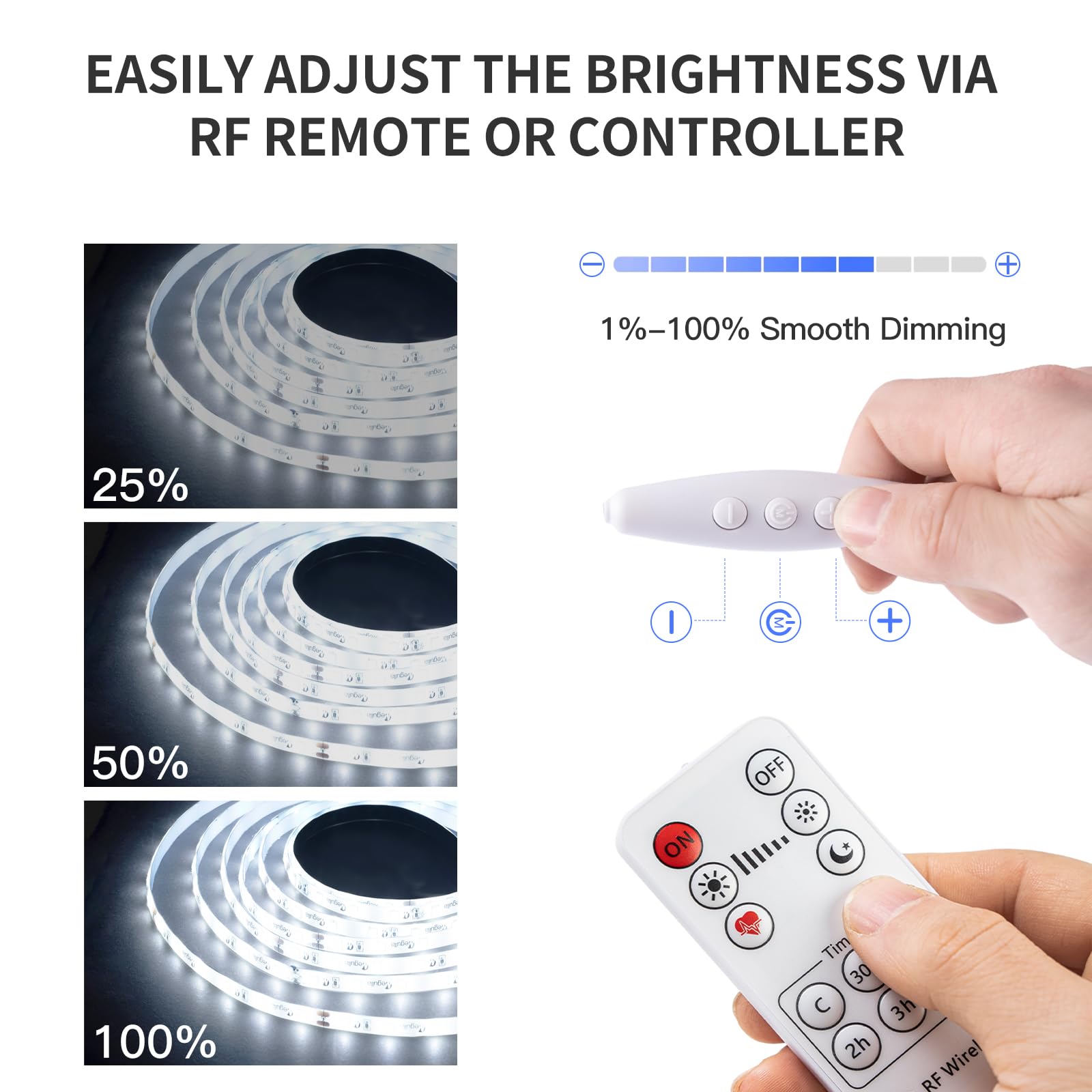20ft/6m Dimmable Cuttable White LED Light Strip with RF Remote & 12V Power Supply - 6000K-6500K Bright LED Tape Lights for Mirror, Bedroom, Kitchen Under Cabinet, TV Backlighting - Perfect for Home Decor, Accent Lighting & DIY Projects