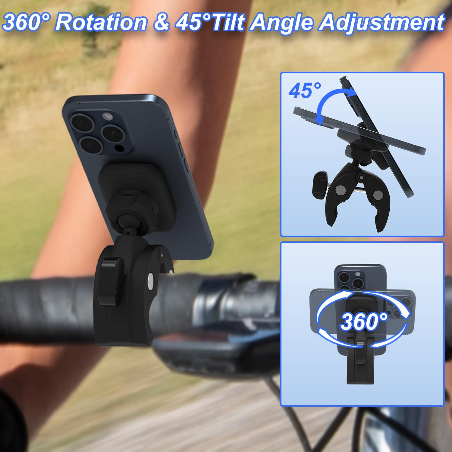 Magnetic Bike Phone Mount - Universal Handlebar Phone Holder for iPhone 15/14/13/12 Pro/Max/Mini, Samsung Galaxy - Compatible with Peloton, Treadmill, Gym Bikes - Secure Cycling & Workout Accessory (Black, 1 Pack)
