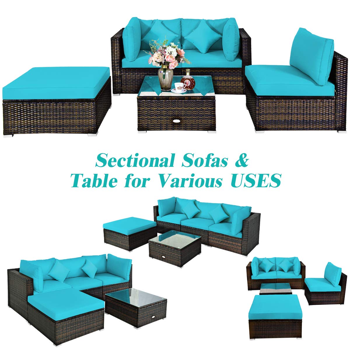 Tangkula 5-Piece Outdoor Patio Furniture Set - All-Weather Wicker Sectional Sofa with Cushions & Glass Table - Turquoise Rattan Conversation Set for Backyard, Porch, Poolside & Garden Relaxation
