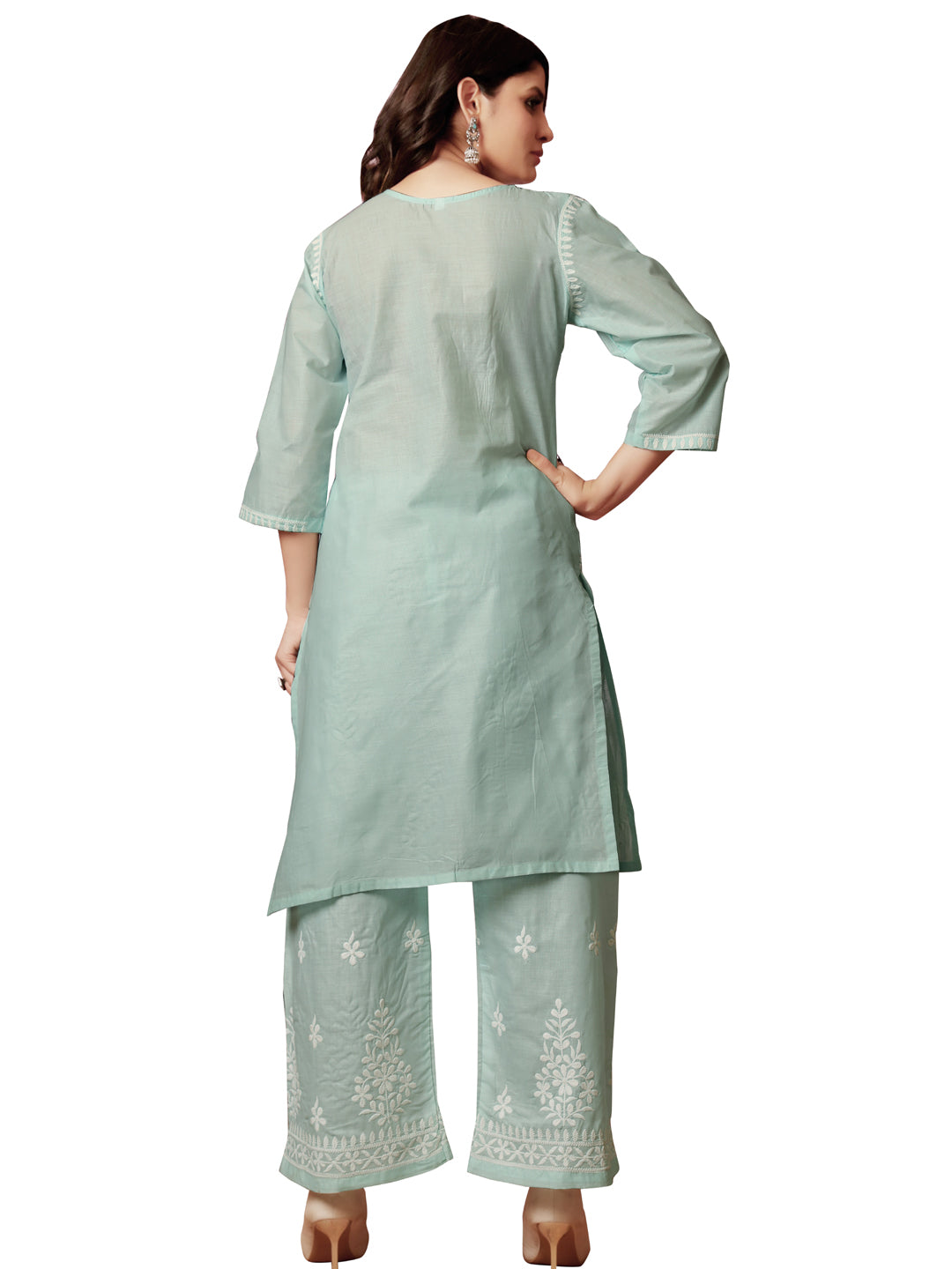 Blue Designer Ready-Made Cotton Pant Suit with Chikankari Embroidery - Elegant Women's Formal Wear for Office, Parties & Special Occasions