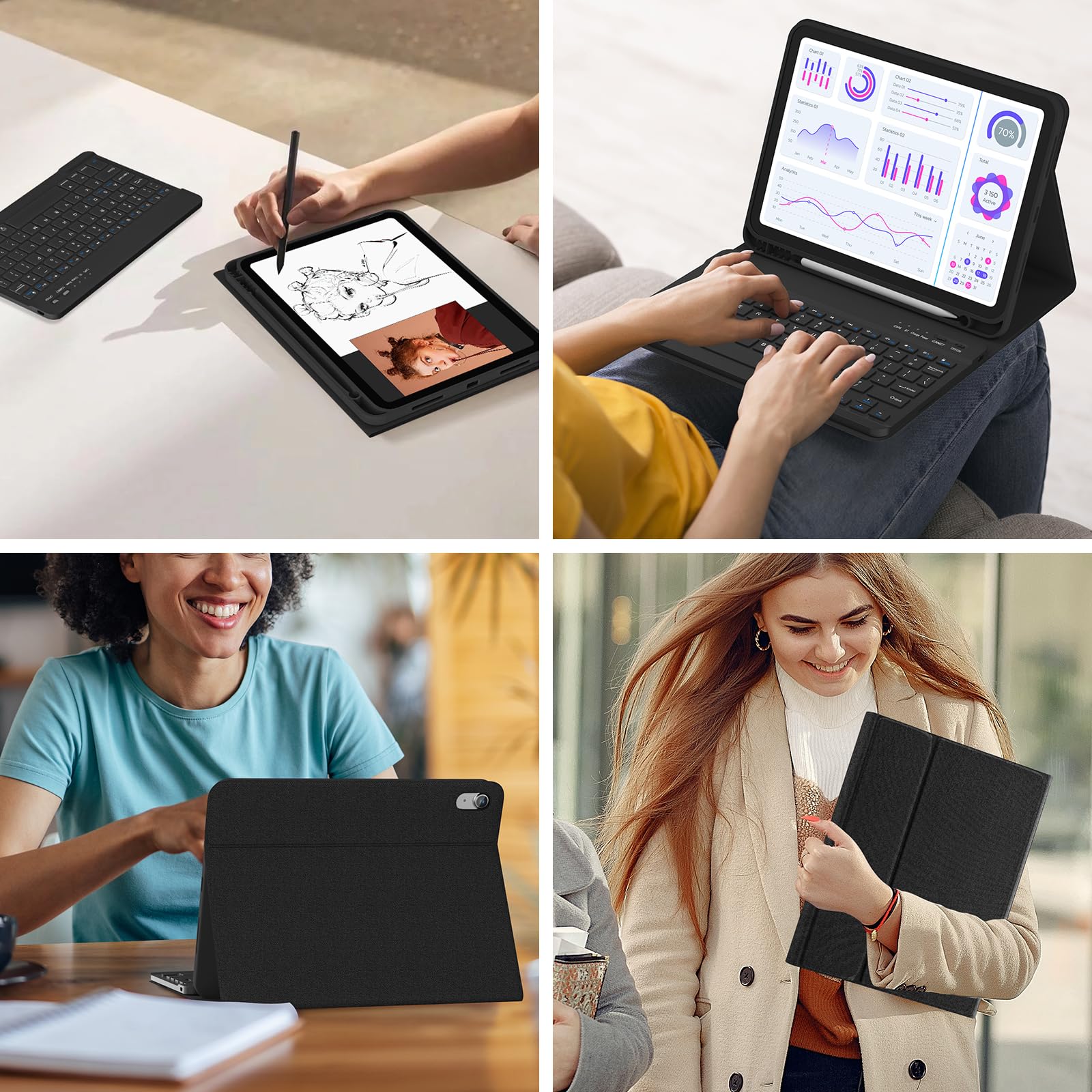 FUWANG Bluetooth Keyboard Case for iPad Air 11 Inch (M3/M2) 2025/2024 & iPad Air 5th/4th Gen 10.9 Inch - Detachable Folio Cover with Apple Pencil Holder | Perfect for Work, Study & Travel - Black