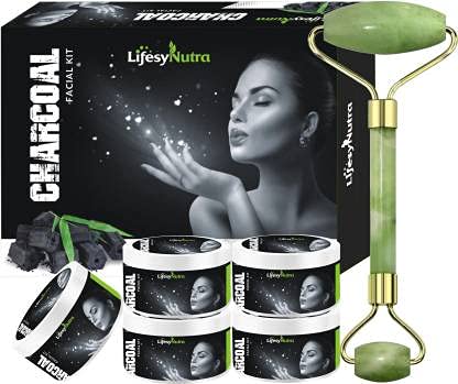 Lifesy Nutra Activated Charcoal Facial Kit with Roller Massager - 250g Deep Cleansing & Detoxifying Set for Blackhead Removal & Skin Rejuvenation | Perfect for Spa Day & At-Home Skincare Routine