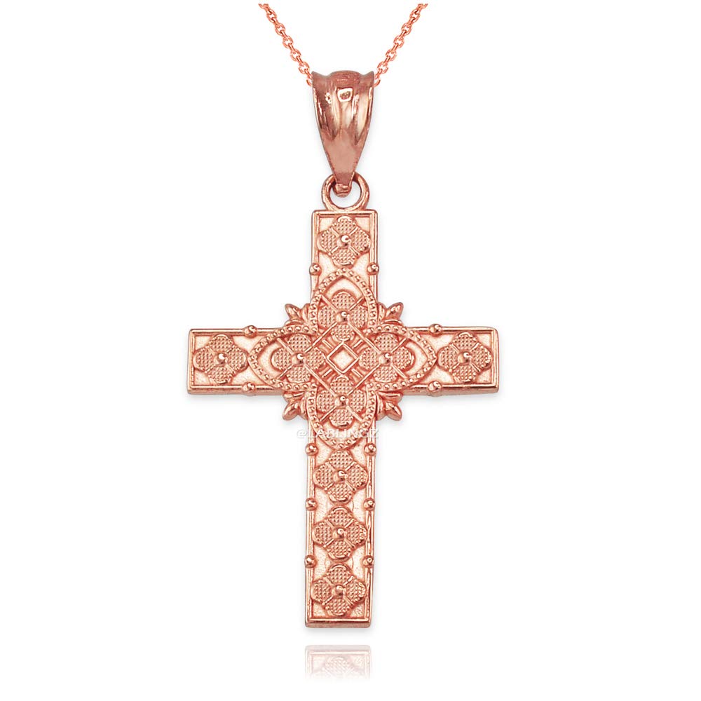 14K Rose Gold Floral Cross Pendant Necklace for Women - Elegant Religious Jewelry Gift for Baptism, Confirmation & Everyday Wear