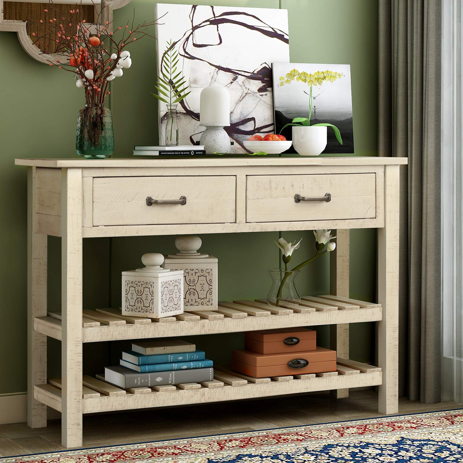 Vintage Wooden Console Table with 2 Drawers & 2 Shelves - Entryway Sofa Table, Hallway Side Table for Living Room Decor - Perfect for Small Spaces & Home Organization (Grey)