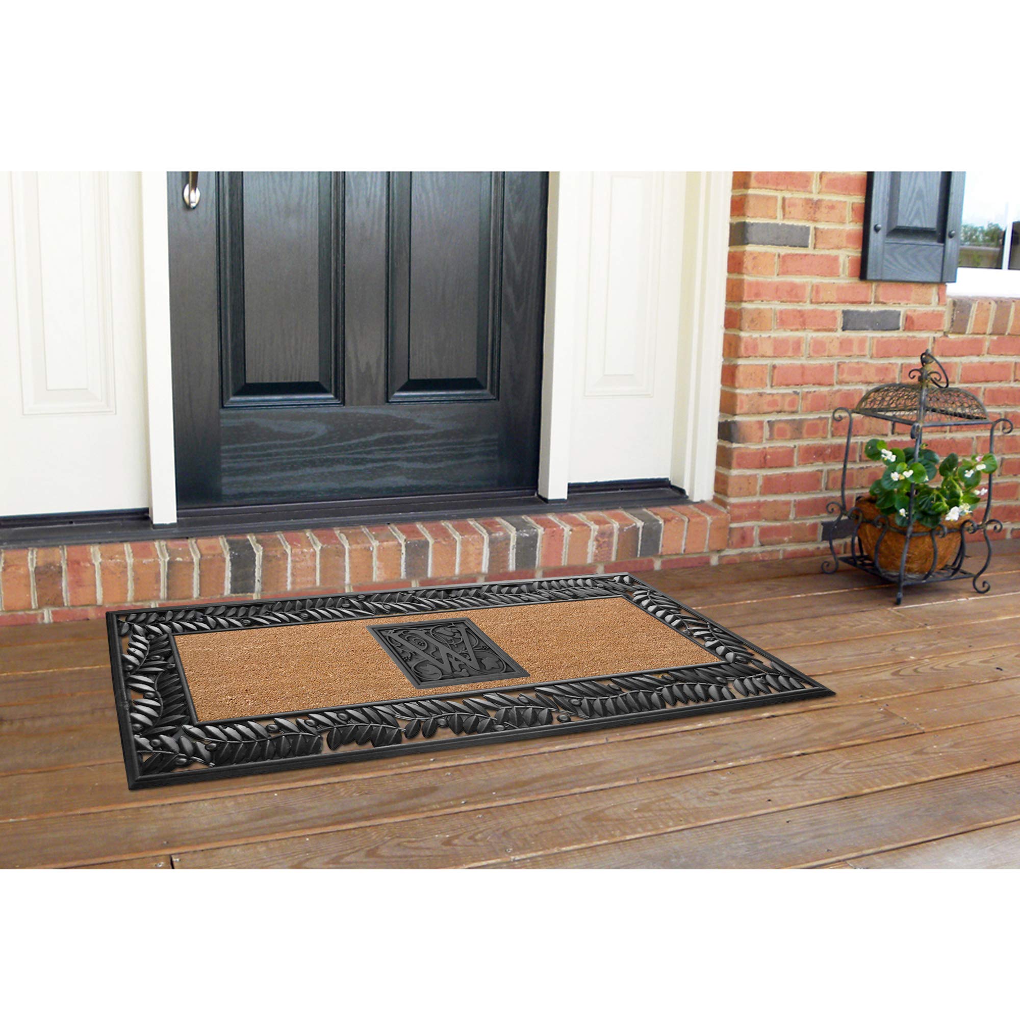 Personalized Monogram W Door Mat with Olive Border - Natural Coco Fiber Welcome Mat, Handcrafted Outdoor Rug, Eco-Friendly (24