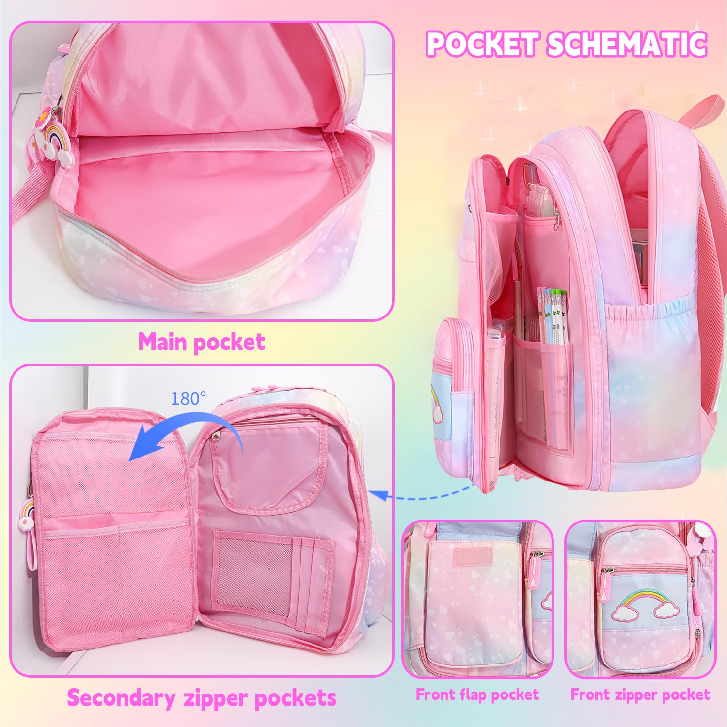 **Rainbow School Backpack for Girls - Cute Medium Pink Bookbag with Laptop Compartment for Travel, Class & Daily Use**