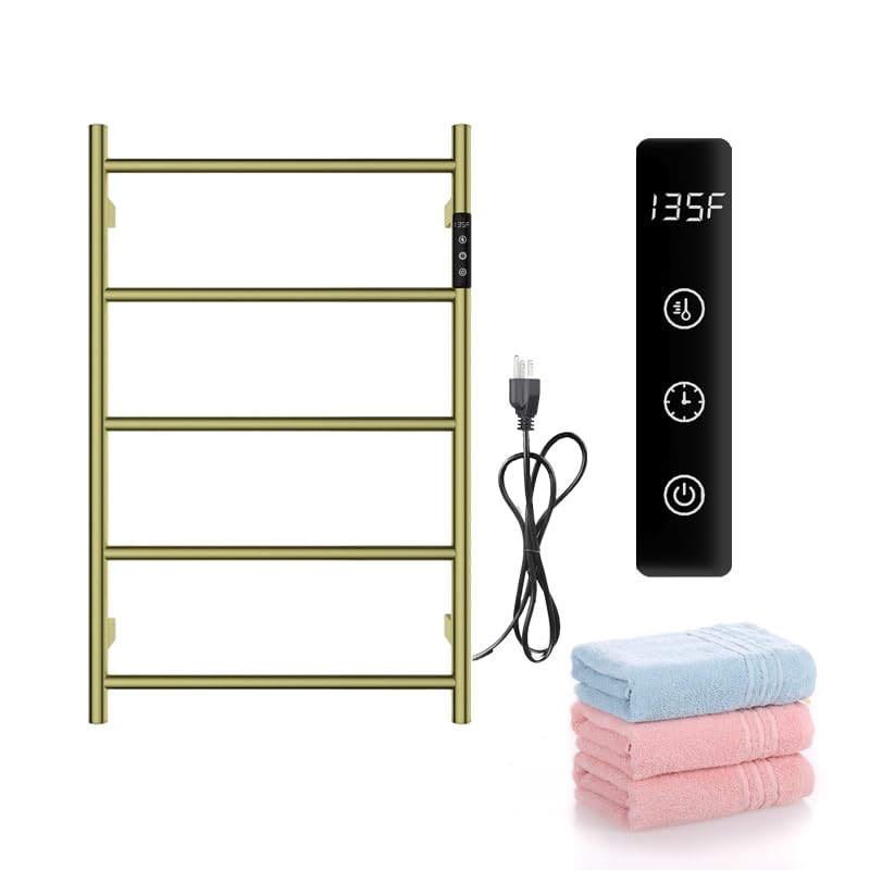 Premium 5-Bar Heated Towel Warmer Rack - 65W Wall-Mounted Electric Towel Dryer for Bathroom (Brushed Gold) | Luxury Bath Accessory for Spa-Like Experience & Cozy Home Comfort