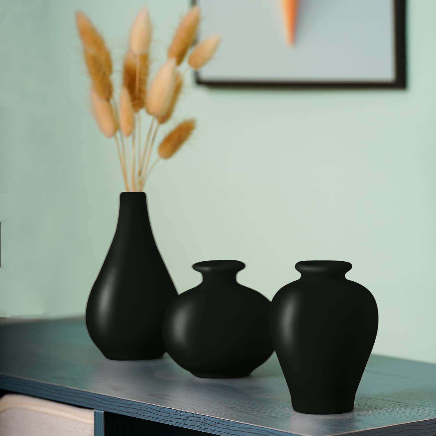 3-Piece Black Ceramic Bud Vase Set - Small Round Decorative Vases for Wedding, Shelf & Home Decor - Perfect for Pampas Grass, Fresh Flowers & Centerpieces