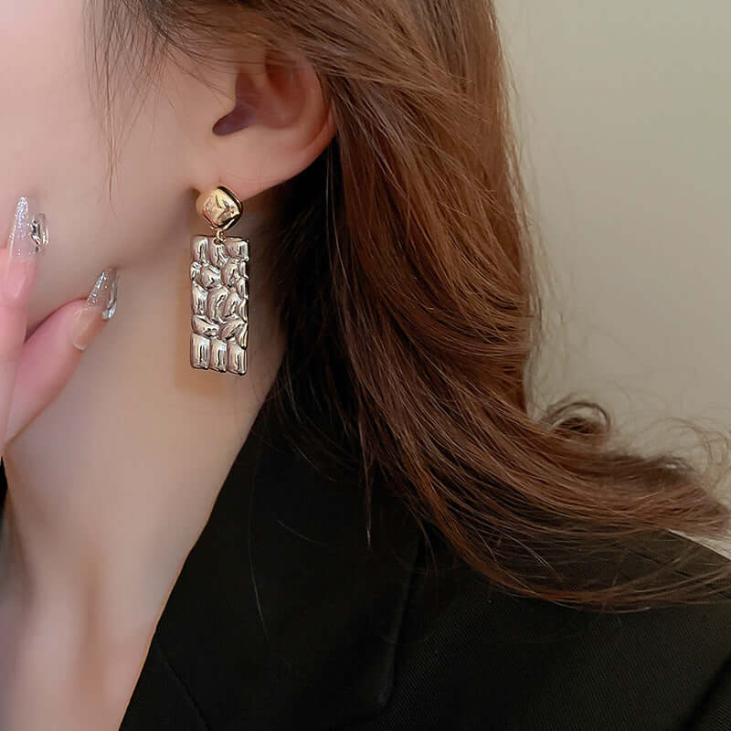 Geometric Fold Two Tone Textured Dangle Nugget Earrings for Women | Trendy Gold & Silver Statement Jewelry | Perfect for Parties, Weddings & Everyday Wear (E4081)