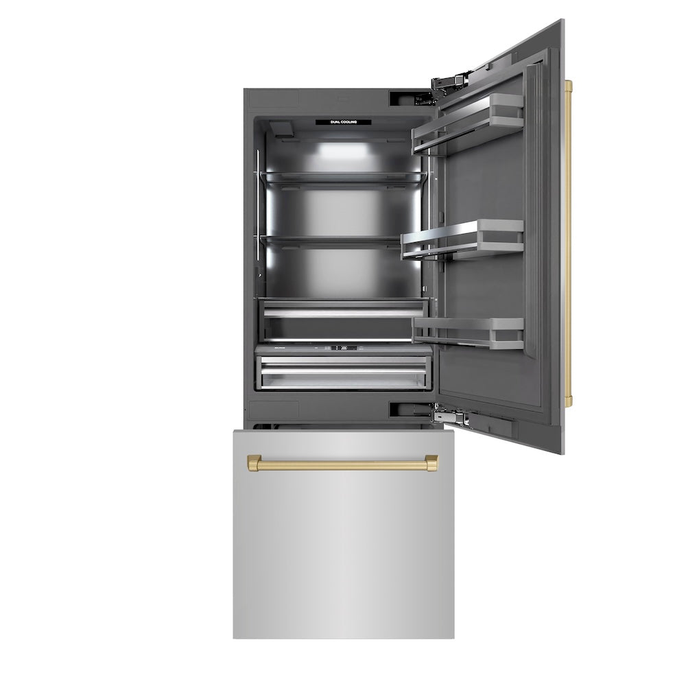 ZLINE Autograph Edition 30-Inch Built-In Bottom Freezer Refrigerator - 16.1 cu.ft Capacity, Stainless Steel with Graphite Gray Interior & Champagne Bronze Accents, Water Dispenser & Ice Maker (GRBIVZ 304 30CB) - Perfect for Modern Kitchens, Open Concept Homes & Luxury Appliances Upgrade