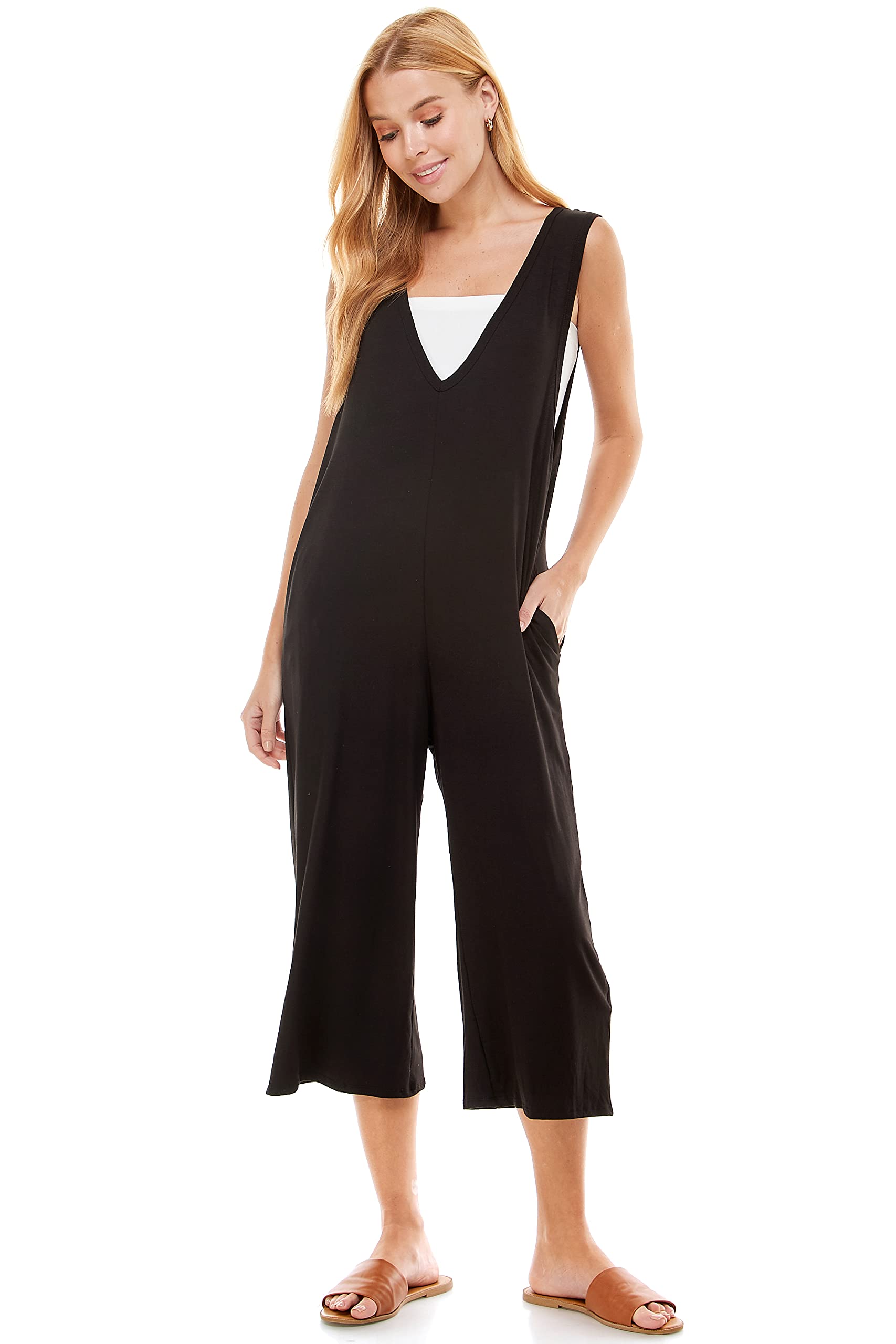 Women's Loose Fit Sleeveless Jumpsuit with Pockets - Casual Capri Romper for Summer, Maternity & Everyday Wear | Perfect for Beach, Travel & Relaxation