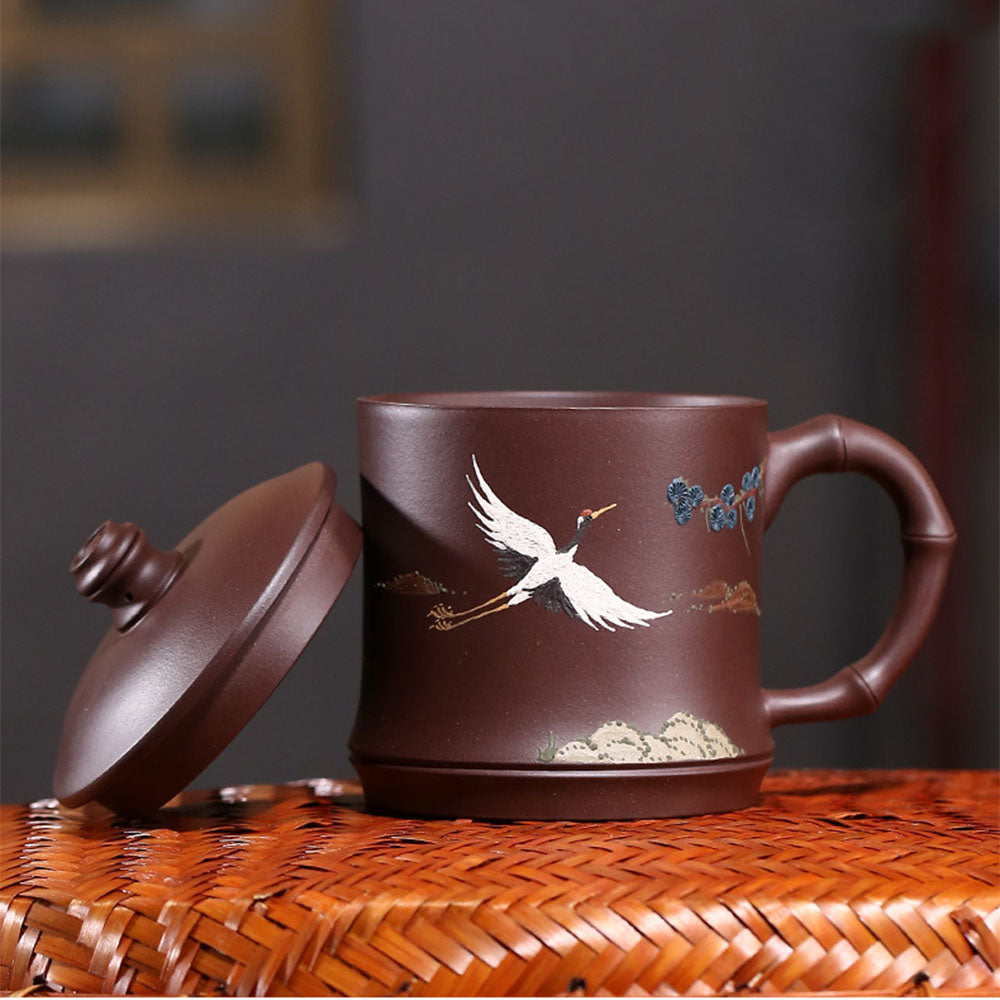 Premium Yixing Purple Clay Pine Crane Tea Cup - Handcrafted Chinese Ceramic Teacup for Gongfu Tea Ceremony, Gift for Tea Lovers - Perfect for Relaxing Tea Time & Zen Meditation