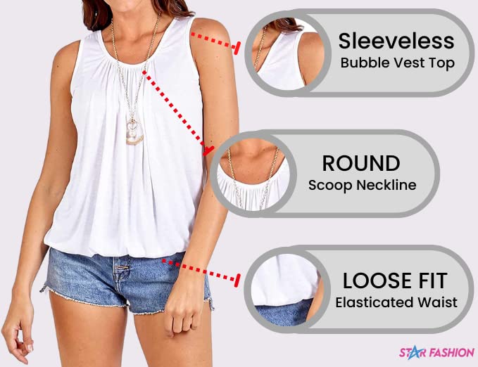 Women's Sleeveless Bubble Hem Vest - Stretchy Scoop Neck Pleated Tank Top with Elasticated Hem, Loose Fit Summer Jersey Top for Casual Wear, Beach Outings & Layering