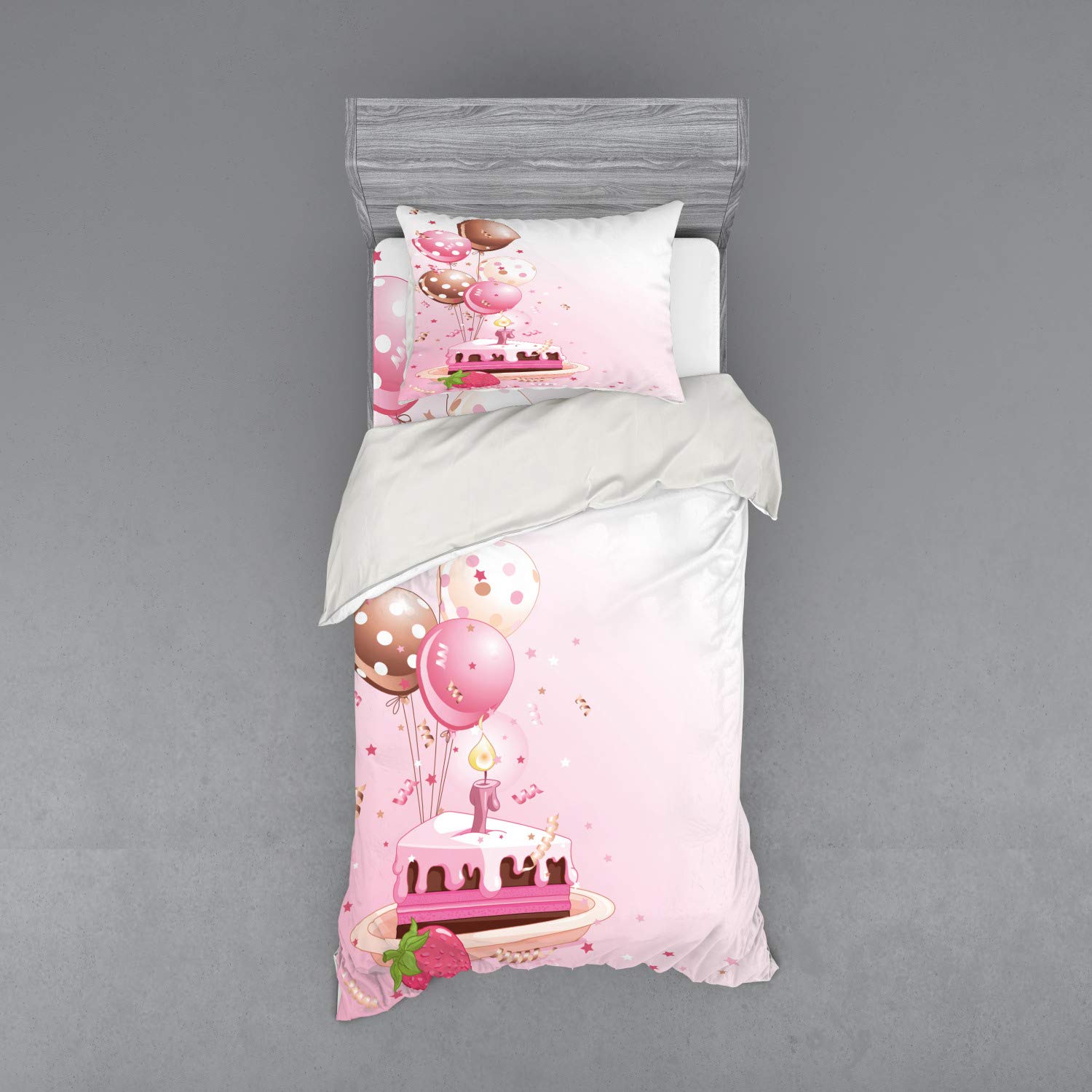 Ambesonne Birthday Duvet Cover Set - Strawberry Pink Cake Slice with Candles & Balloons Design, 3-Piece Twin XL Bedding Set (Duvet Cover + Sham + Fitted Sheet) in Pink Tan Cream | Perfect for Birthday Parties, Kids Rooms & Celebration Decor