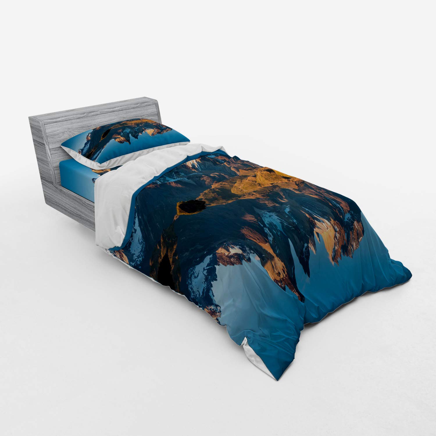 Ambesonne Nature Duvet Cover Set - Majestic Rocky Mountains Lake Reflection Landscape | 3-Piece Twin XL Bedding Set with Sham & Fitted Sheet in Blue & Brown | Perfect for Cabin Retreats, Nature-Themed Bedrooms & Cozy Mountain Getaways