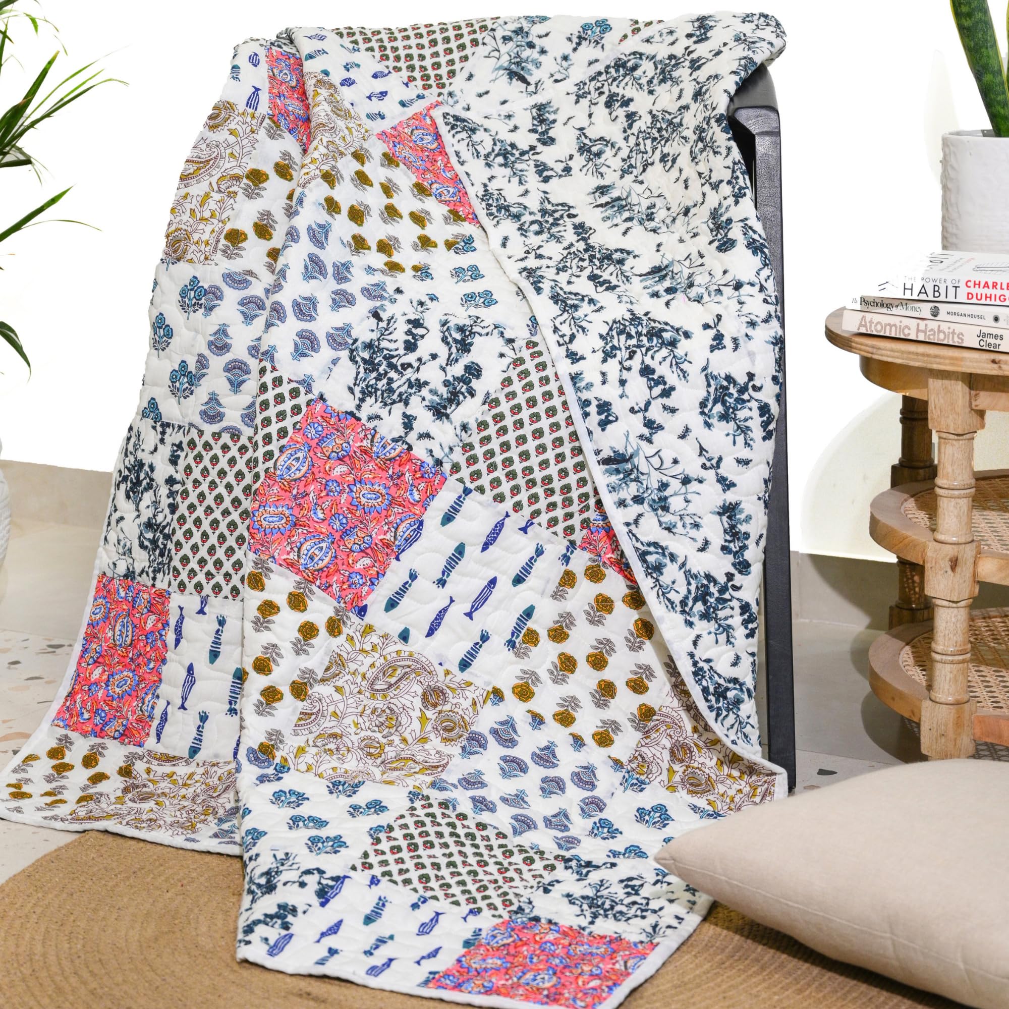 RAJRANG Multi Blue Patchwork Throw Blanket 50x60 Inches - Vintage Indian Decorative Quilt for Sofa, Couch & Bed - Soft Cozy Blanket for Living Room, Bedroom & Home Decor