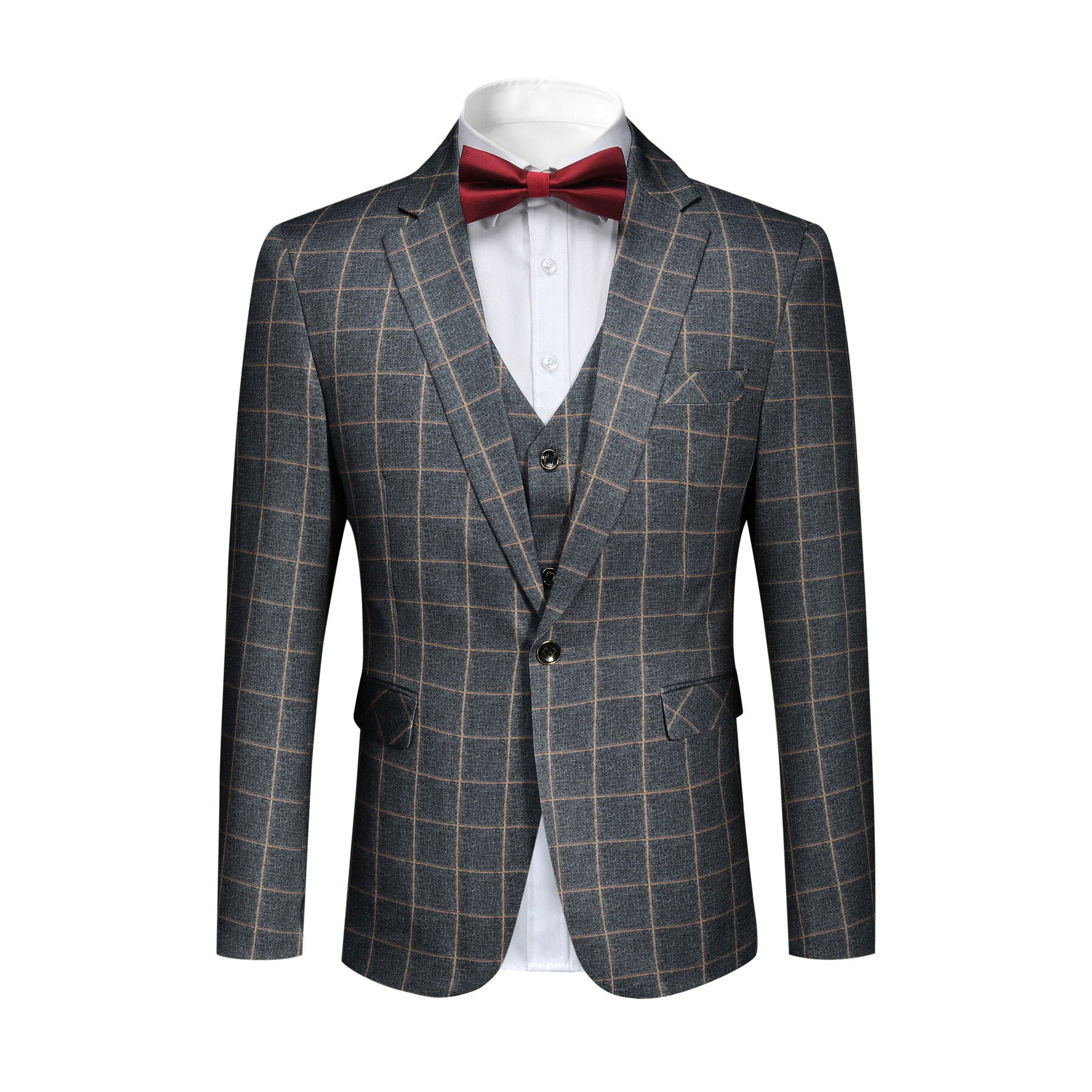 3 Piece Slim Fit Grey Plaid Modern Suit for Men - Business Formal & Wedding Attire - Office, Interviews & Special Occasions