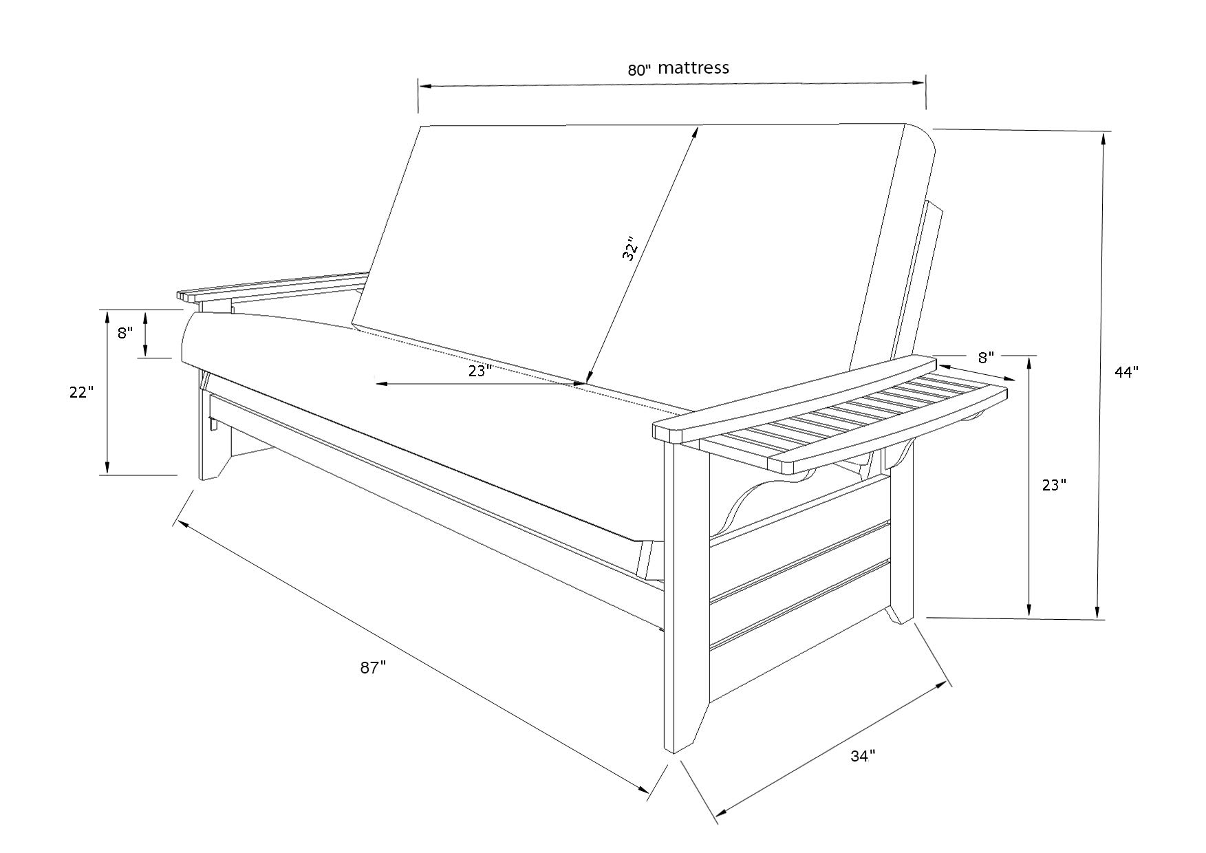 Kodiak Full Size Futon with Storage Drawers - Frame Only for Small Spaces