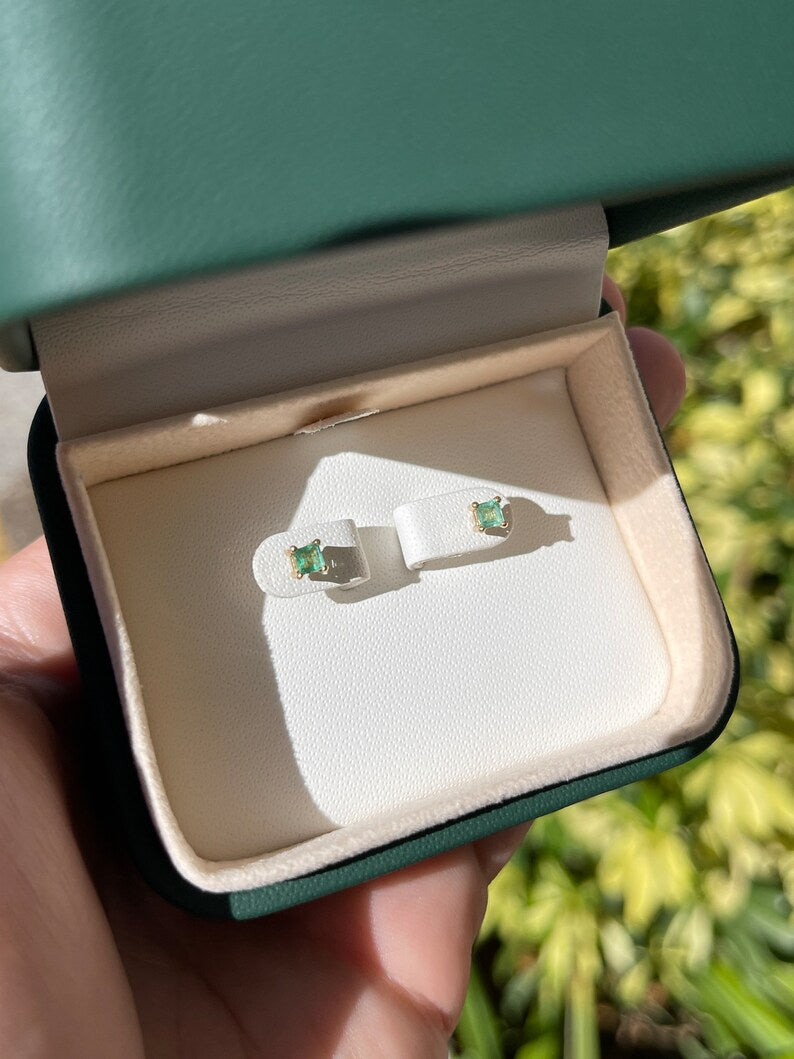 0.45tcw Natural Petite Baby Princess Emerald Asscher Cut Stud Earrings in 14K Gold - Perfect for Everyday Wear, Gifts & Special Occasions