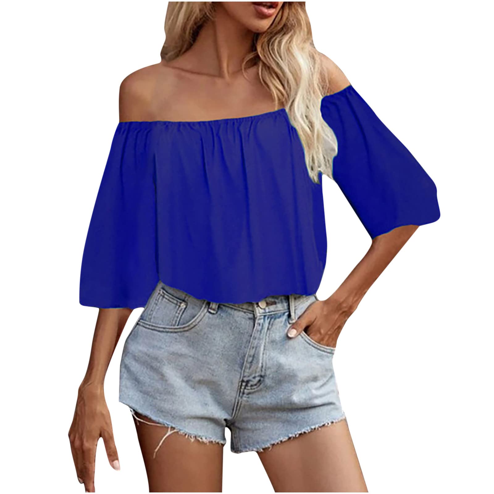 Elegant 3/4 Sleeve Off Shoulder Tops for Women - Summer Casual Loose Blouses & Trendy Solid Color Tube T-Shirts | Perfect for Beach Outings, Date Nights & Weekend Wear