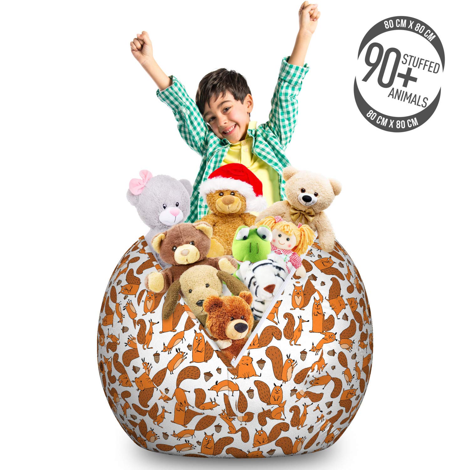 Lunarable Funny Squirrel Family Storage Toy Bag Chair - Large Washable Stuffed Animal Organizer with Nut-Themed Continuous Pattern Print in Dark Orange - Perfect for Kids' Room Decor, Playroom Storage & Cozy Reading Nook