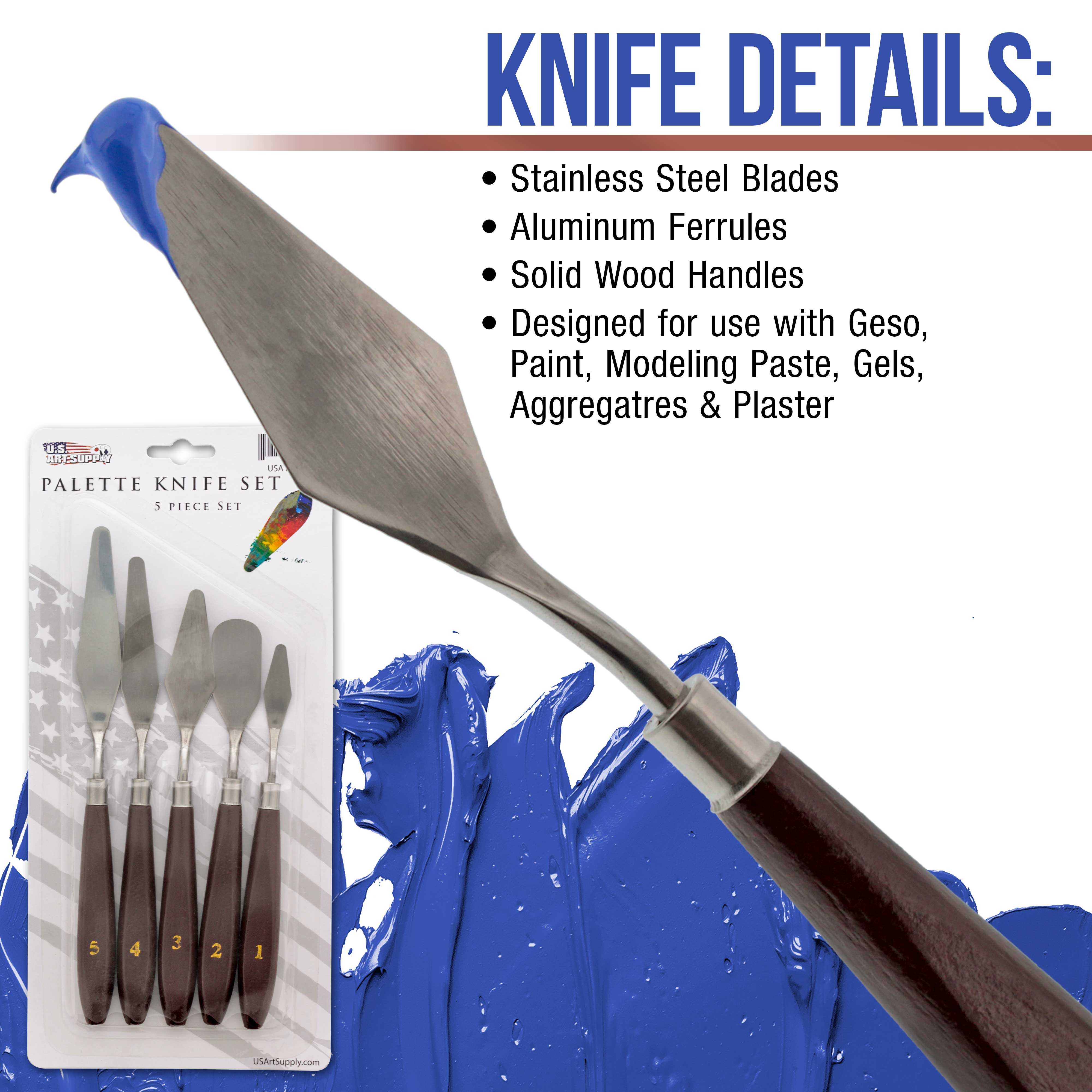 U.S. Art Supply 5-Piece Stainless Steel Palette Knife Set - Professional Spatula Painting Knives for Mixing, Spreading & Applying Oil & Acrylic Paints on Canvas - Perfect for Artists, Cake Decorating & Icing