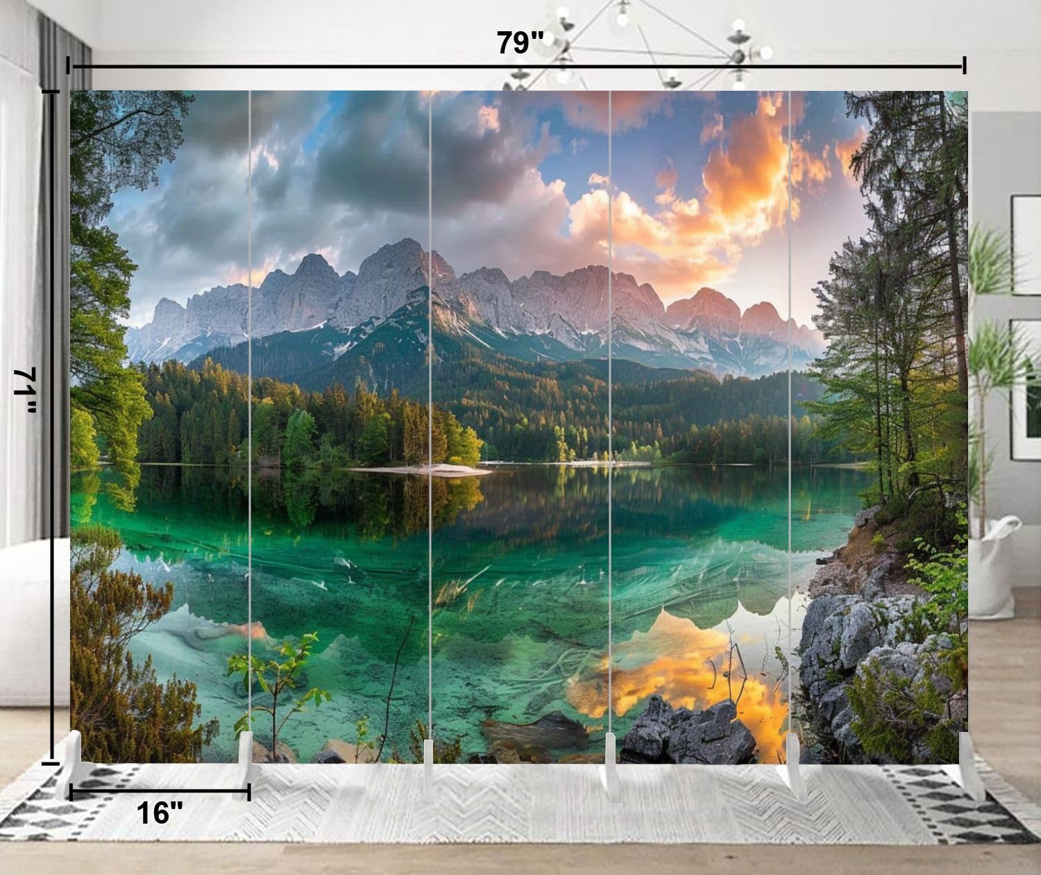 5-Panel Folding Room Divider - Mountain Lake Landscape Canvas Partition Screen for Home & Office - Freestanding Privacy Wall Separator for Living Room, Bedroom, Dorm, or Studio Decor