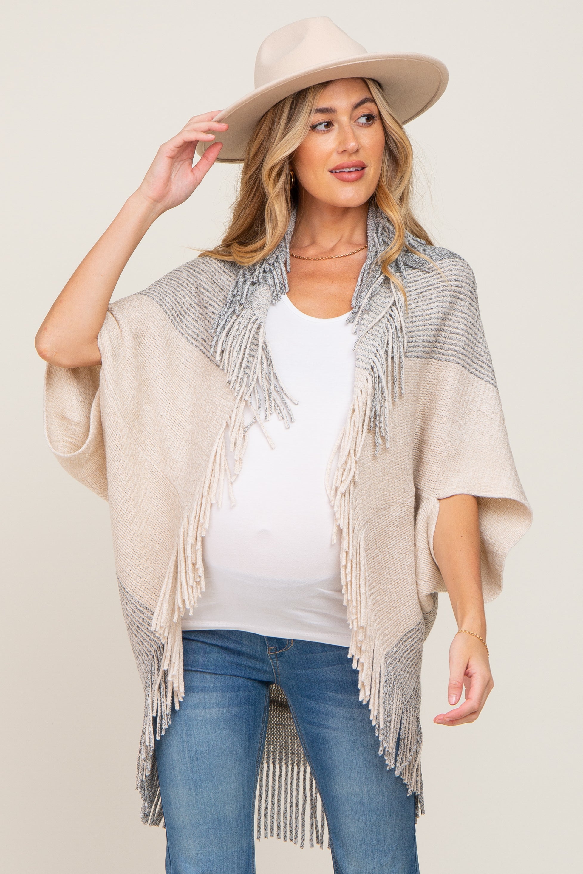 Beige Grey Fringe Knit Maternity Cover Up - Soft Nursing Shawl for Breastfeeding Moms, Stylish Pregnancy Wrap for Beach, Hospital & Photo Shoots